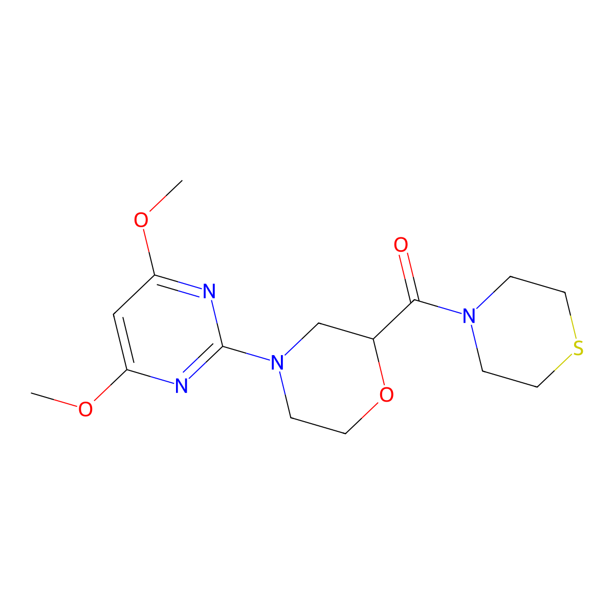 4-(4,6-Dimethoxypyrimidin-2-yl)-2-(thiomorpholine-4-carbonyl)morpholine molecular structure, CAS 2549037-06-9