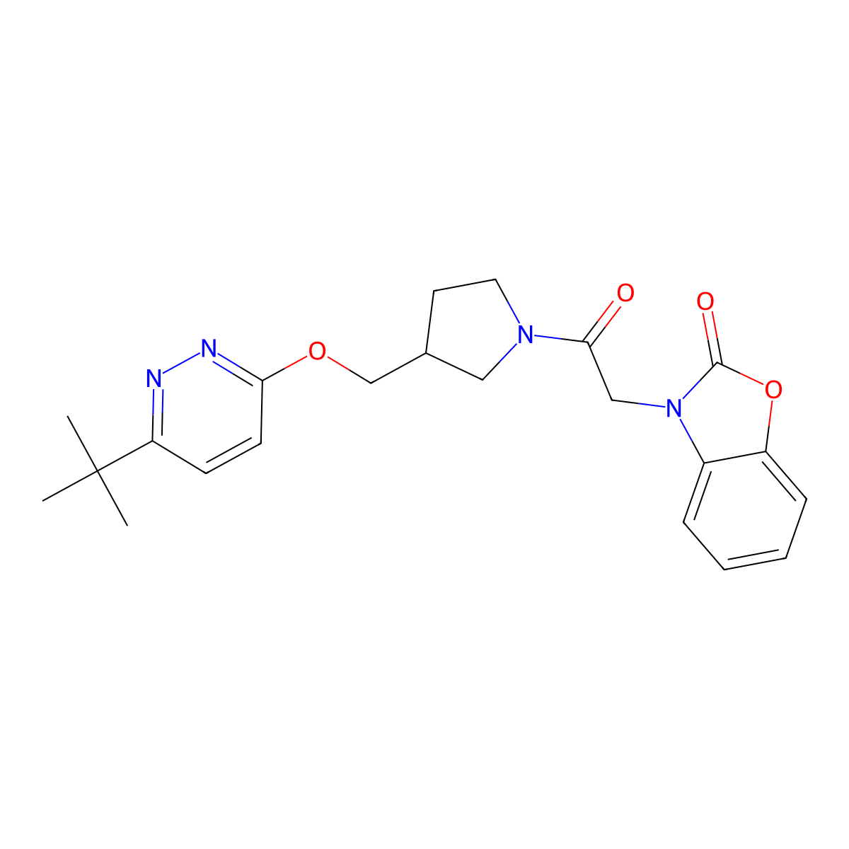 3-[2-(3-{[(6-Tert-butylpyridazin-3-yl)oxy]methyl}pyrrolidin-1-yl)-2-oxoethyl]-2,3-dihydro-1,3-benzoxazol-2-one molecular structure, CAS 2549037-11-6