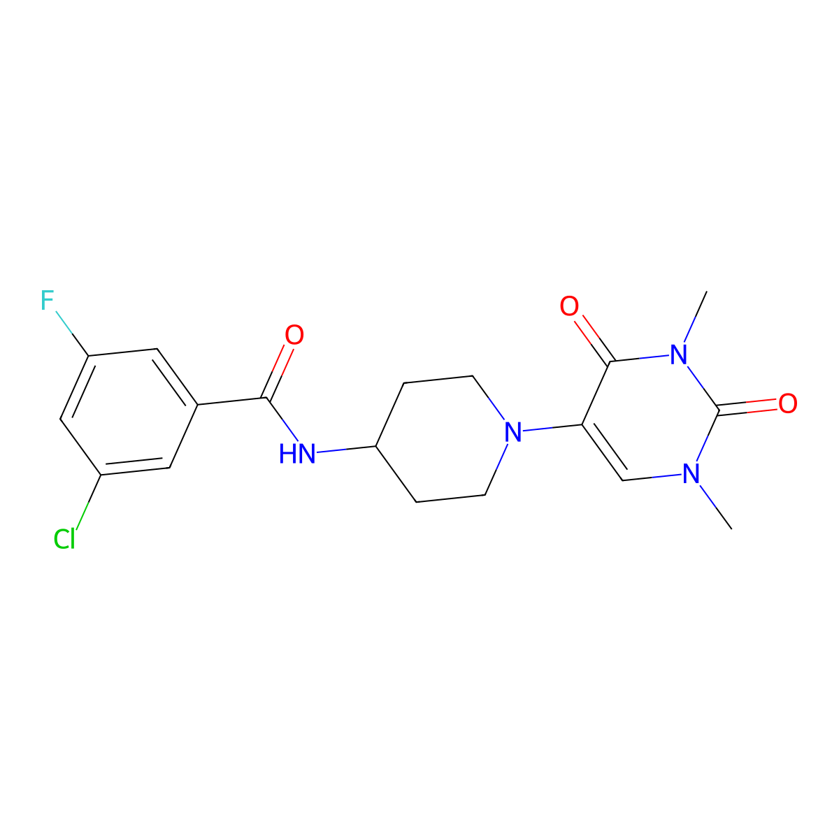 3-chloro-N-[1-(1,3-dimethyl-2,4-dioxo-1,2,3,4-tetrahydropyrimidin-5-yl)piperidin-4-yl]-5-fluorobenzamide molecular structure, CAS 2549037-20-7