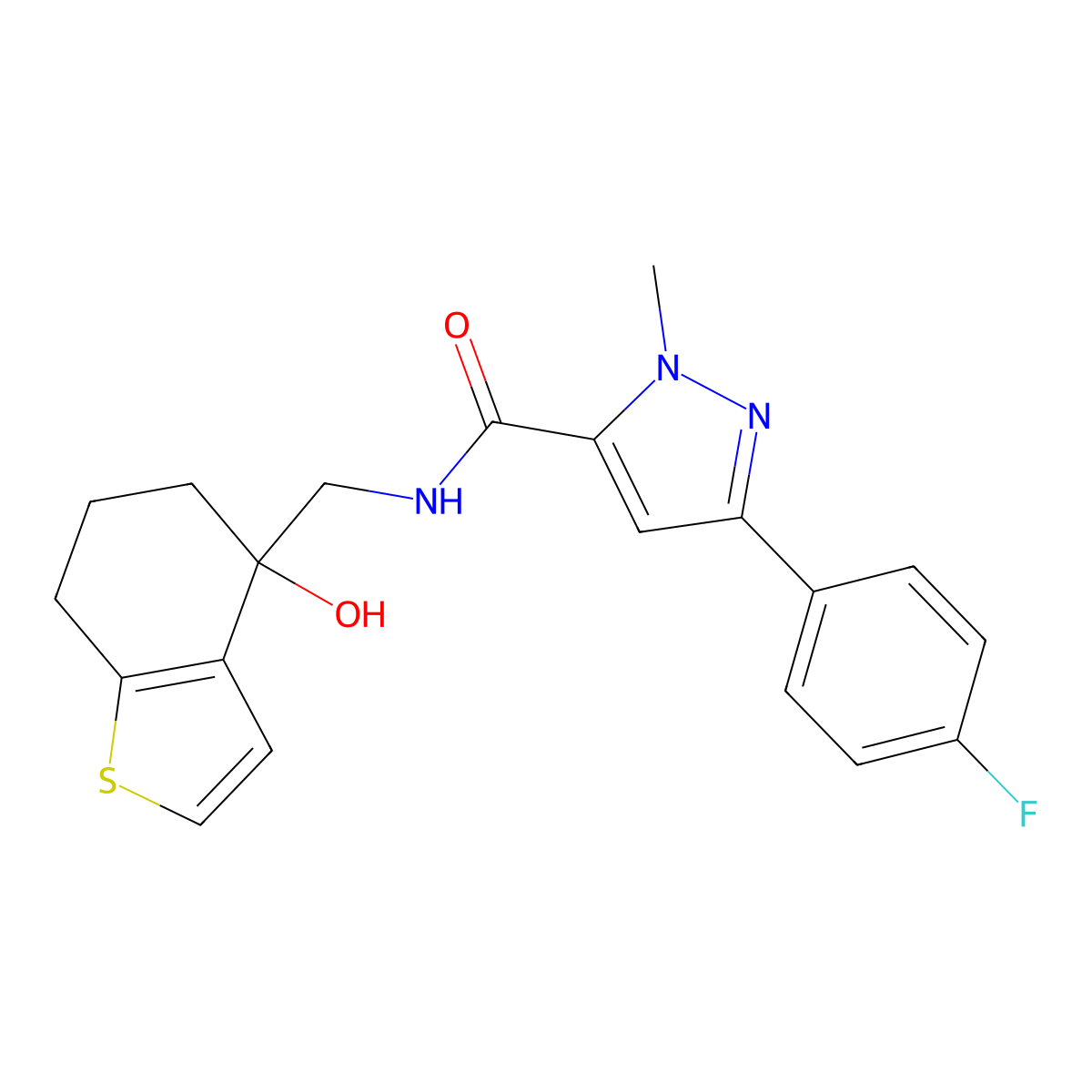3-(4-fluorophenyl)-N-[(4-hydroxy-4,5,6,7-tetrahydro-1-benzothiophen-4-yl)methyl]-1-methyl-1H-pyrazole-5-carboxamide molecular structure, CAS 2549037-27-4