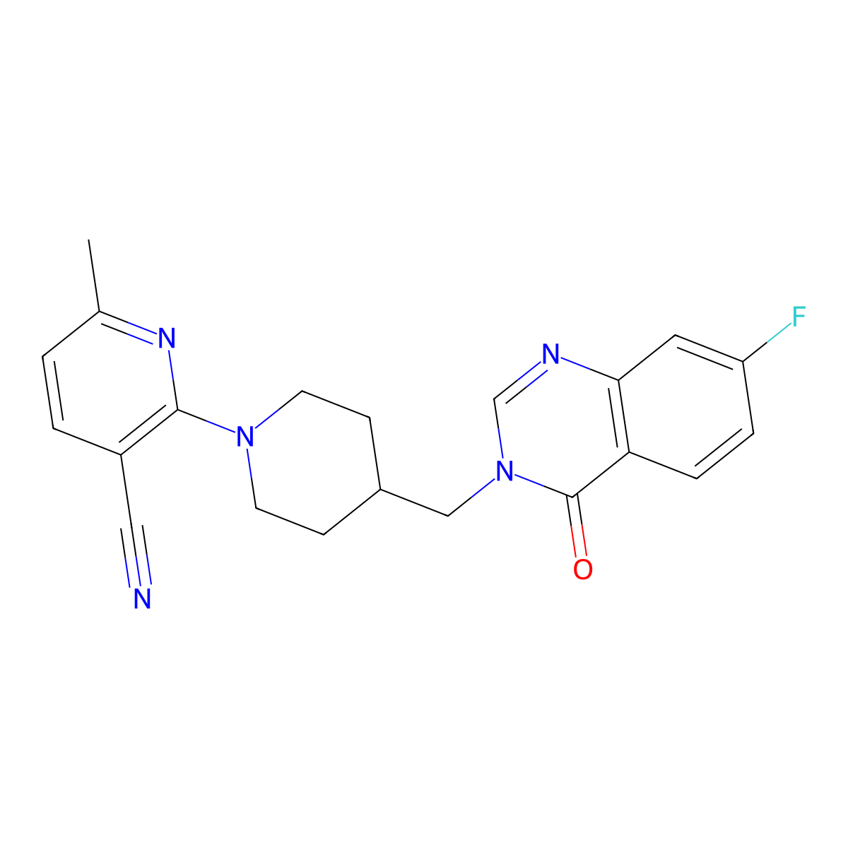 2-{4-[(7-Fluoro-4-oxo-3,4-dihydroquinazolin-3-yl)methyl]piperidin-1-yl}-6-methylpyridine-3-carbonitrile molecular structure, CAS 2549037-44-5