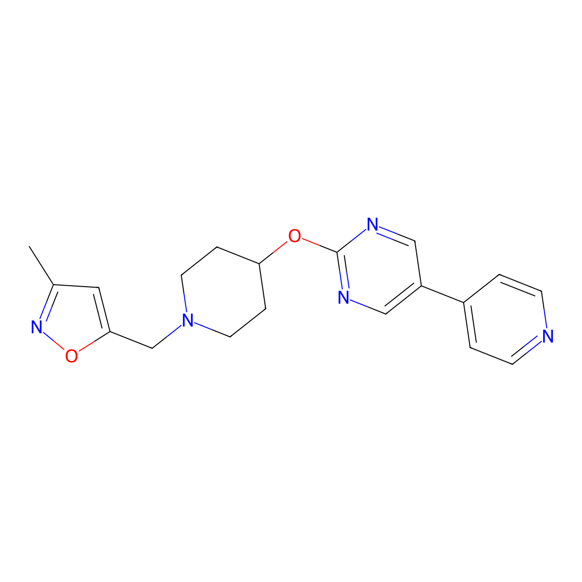 2-({1-[(3-Methyl-1,2-oxazol-5-yl)methyl]piperidin-4-yl}oxy)-5-(pyridin-4-yl)pyrimidine molecular structure, CAS 2549037-45-6