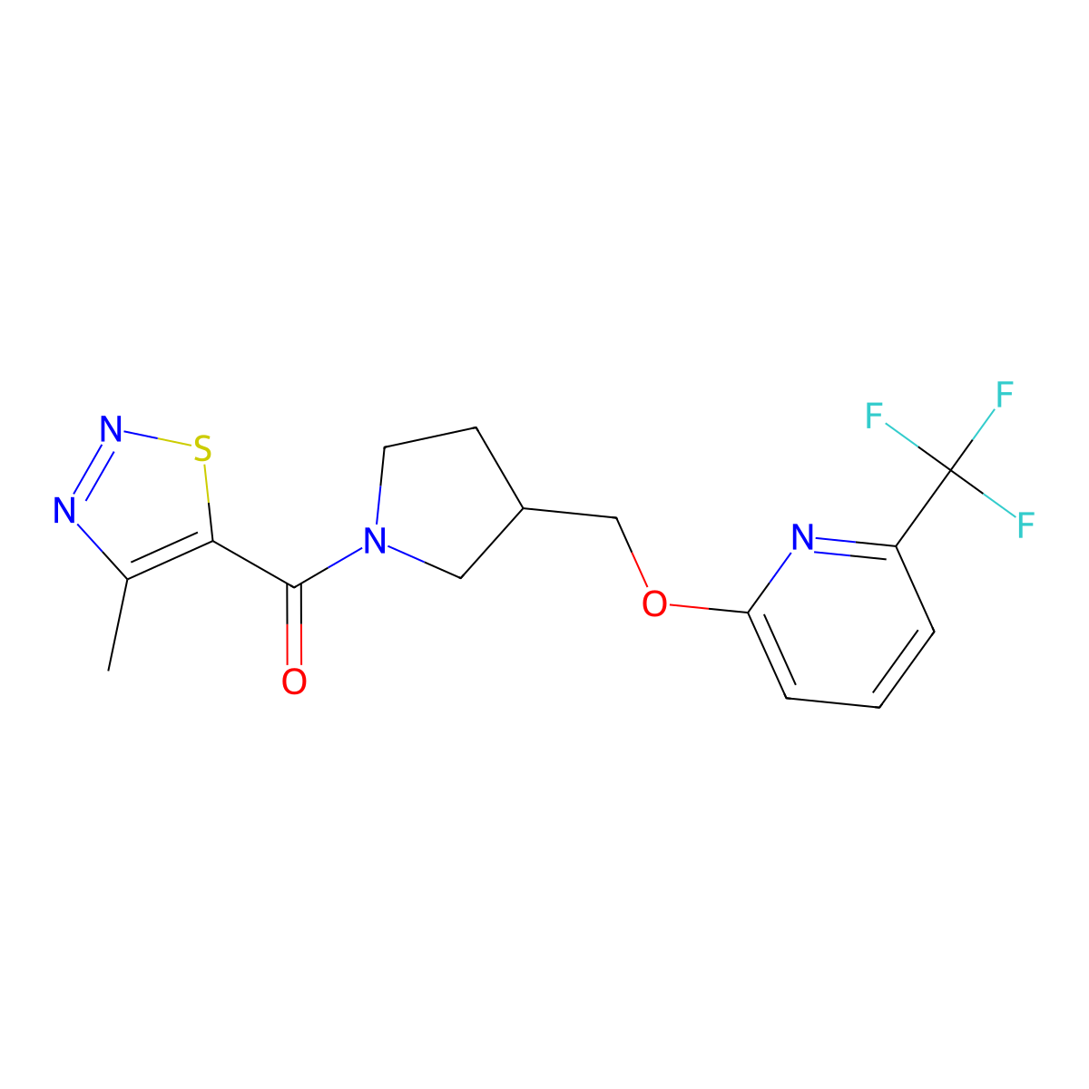 2-{[1-(4-Methyl-1,2,3-thiadiazole-5-carbonyl)pyrrolidin-3-yl]methoxy}-6-(trifluoromethyl)pyridine molecular structure, CAS 2549037-49-0