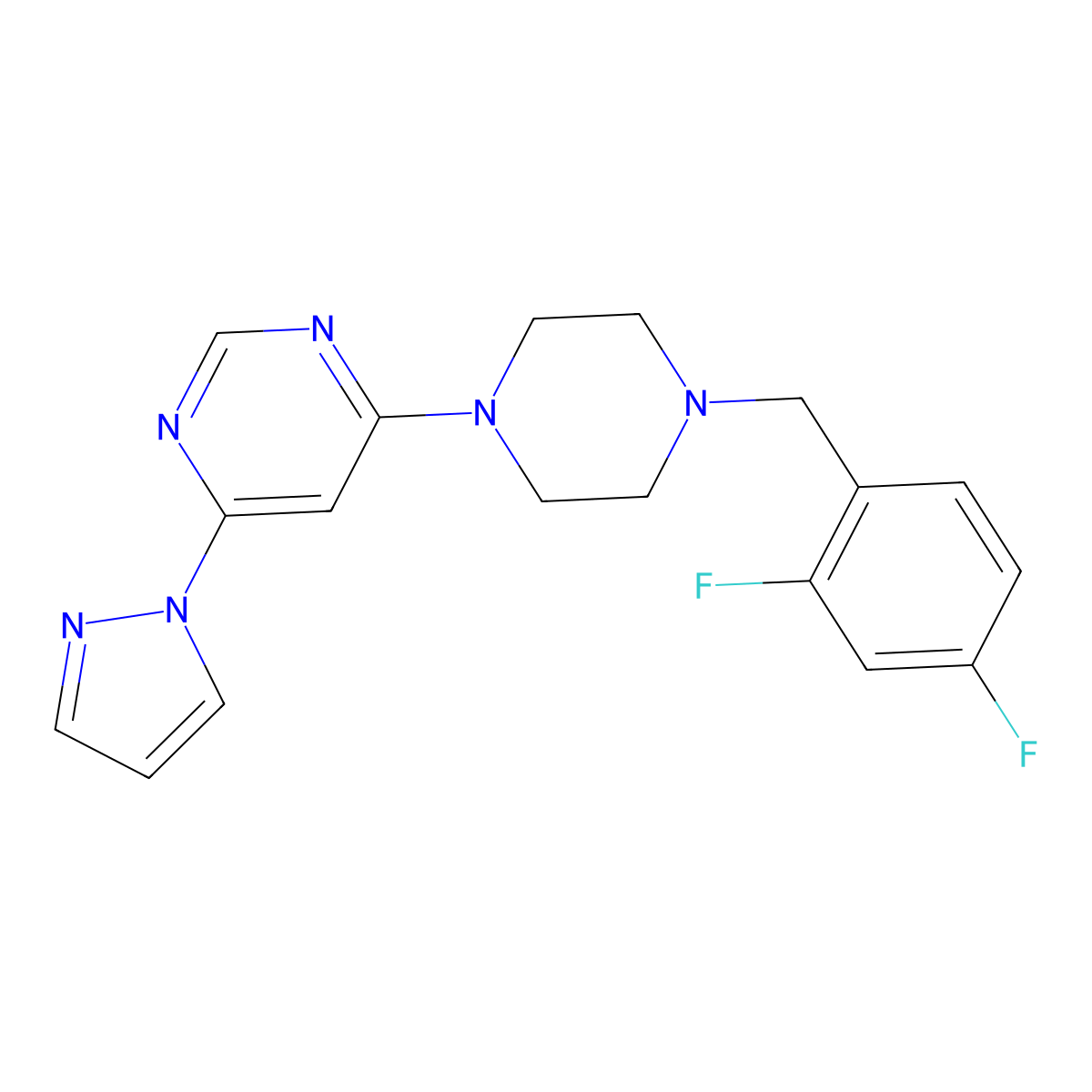 4-{4-[(2,4-difluorophenyl)methyl]piperazin-1-yl}-6-(1H-pyrazol-1-yl)pyrimidine molecular structure, CAS 2549037-53-6