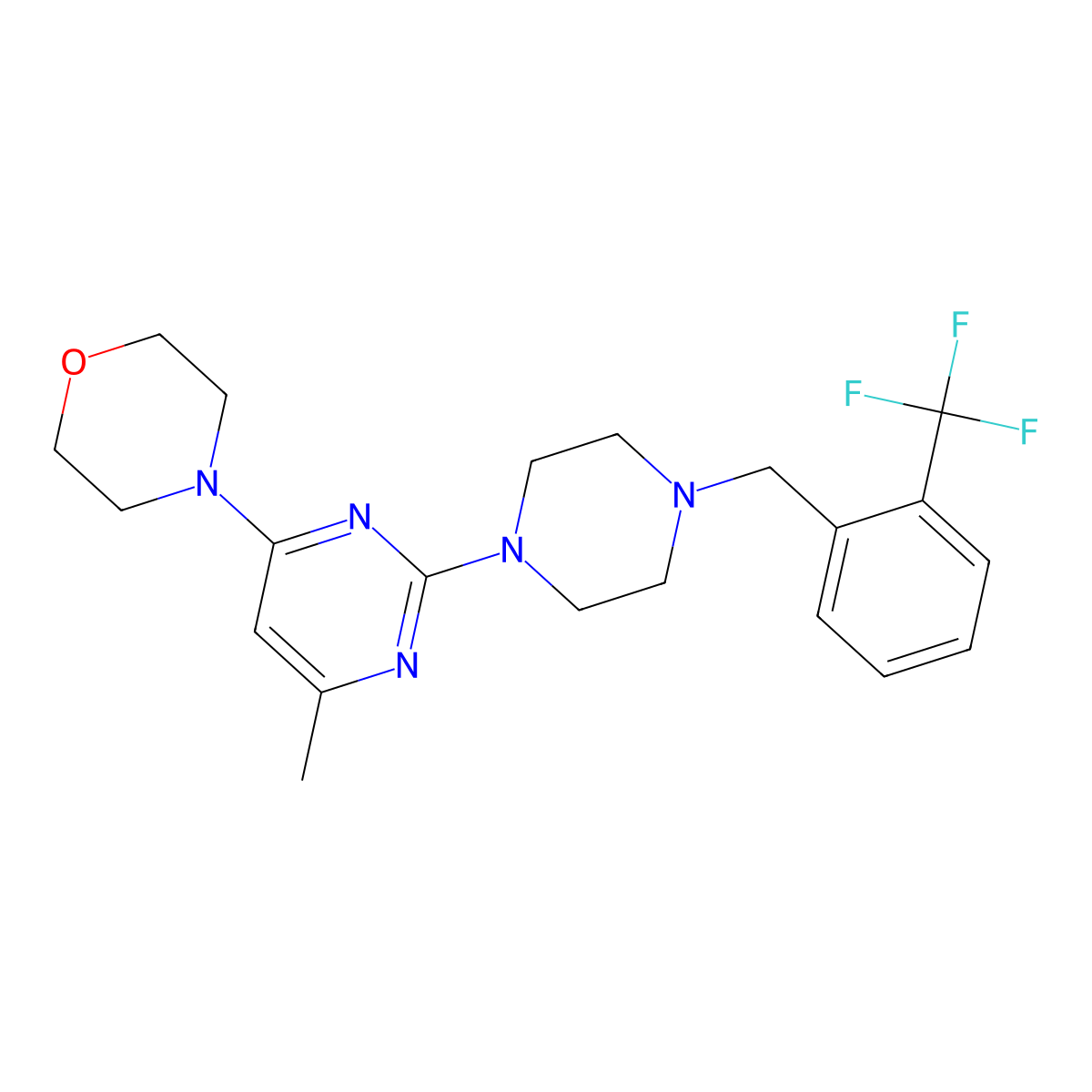 4-[6-Methyl-2-(4-{[2-(trifluoromethyl)phenyl]methyl}piperazin-1-yl)pyrimidin-4-yl]morpholine molecular structure, CAS 2549037-57-0