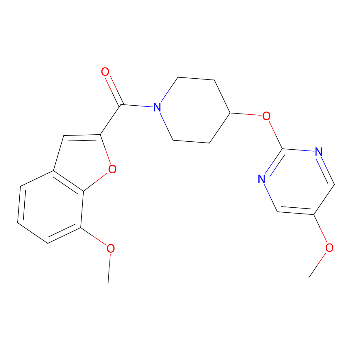 5-Methoxy-2-{[1-(7-methoxy-1-benzofuran-2-carbonyl)piperidin-4-yl]oxy}pyrimidine molecular structure, CAS 2549037-74-1