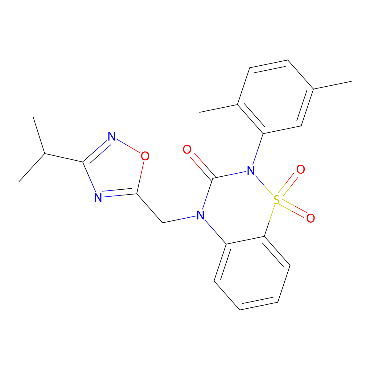 2-(2,5-dimethylphenyl)-4-{[3-(propan-2-yl)-1,2,4-oxadiazol-5-yl]methyl}-3,4-dihydro-2H-1lambda6,2,4-benzothiadiazine-1,1,3-trione molecular structure, CAS 2549037-77-4