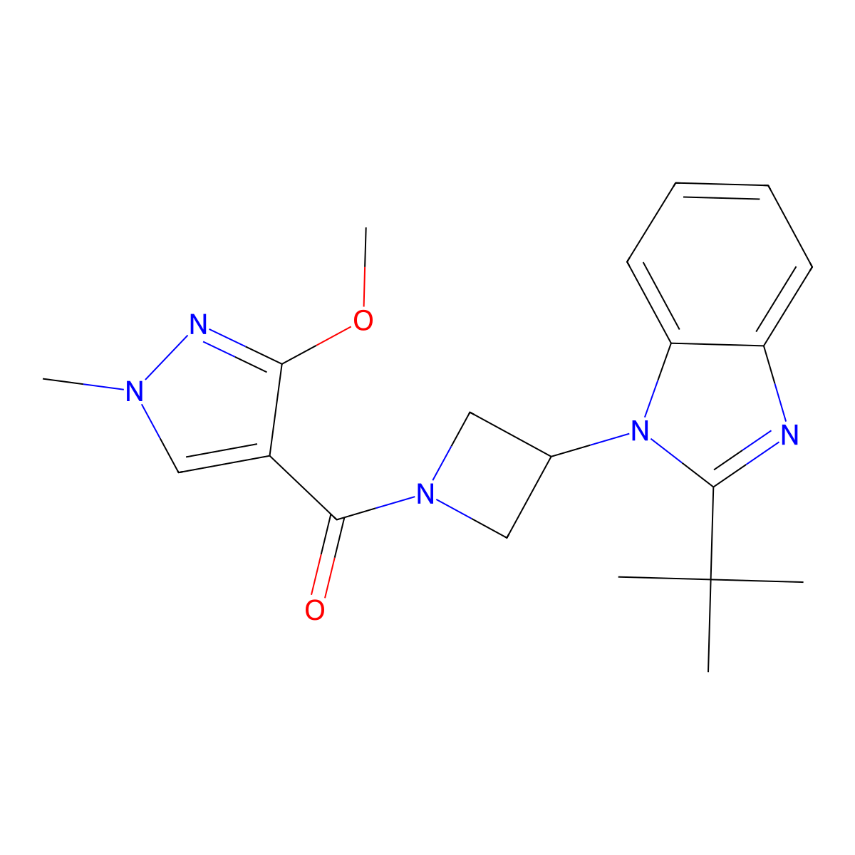 2-tert-butyl-1-[1-(3-methoxy-1-methyl-1H-pyrazole-4-carbonyl)azetidin-3-yl]-1H-1,3-benzodiazole molecular structure, CAS 2549037-84-3