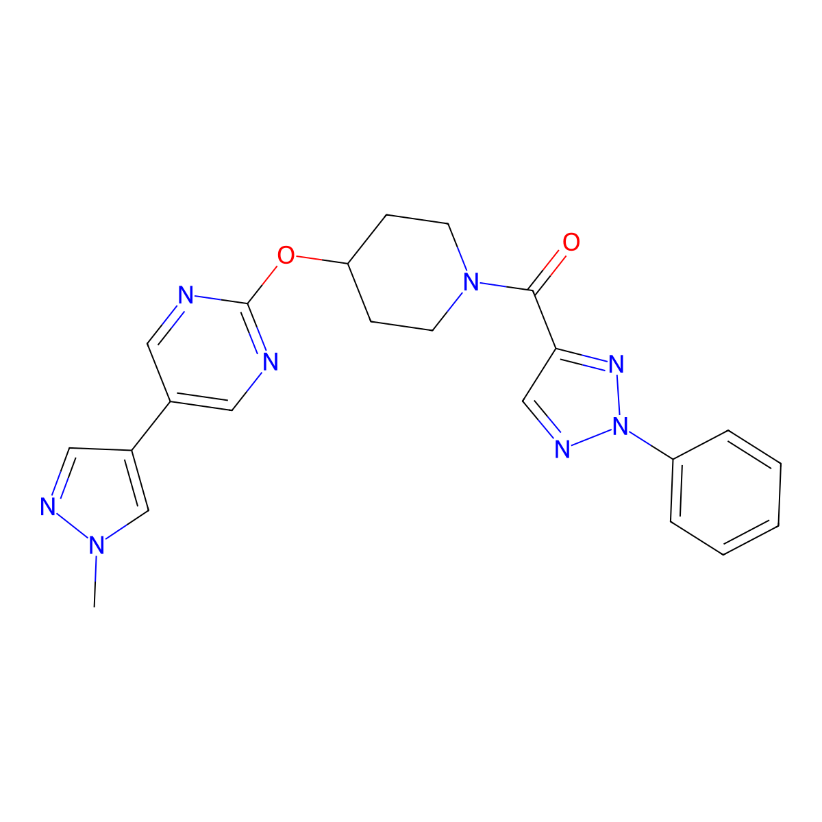 5-(1-methyl-1H-pyrazol-4-yl)-2-{[1-(2-phenyl-2H-1,2,3-triazole-4-carbonyl)piperidin-4-yl]oxy}pyrimidine molecular structure, CAS 2549037-85-4