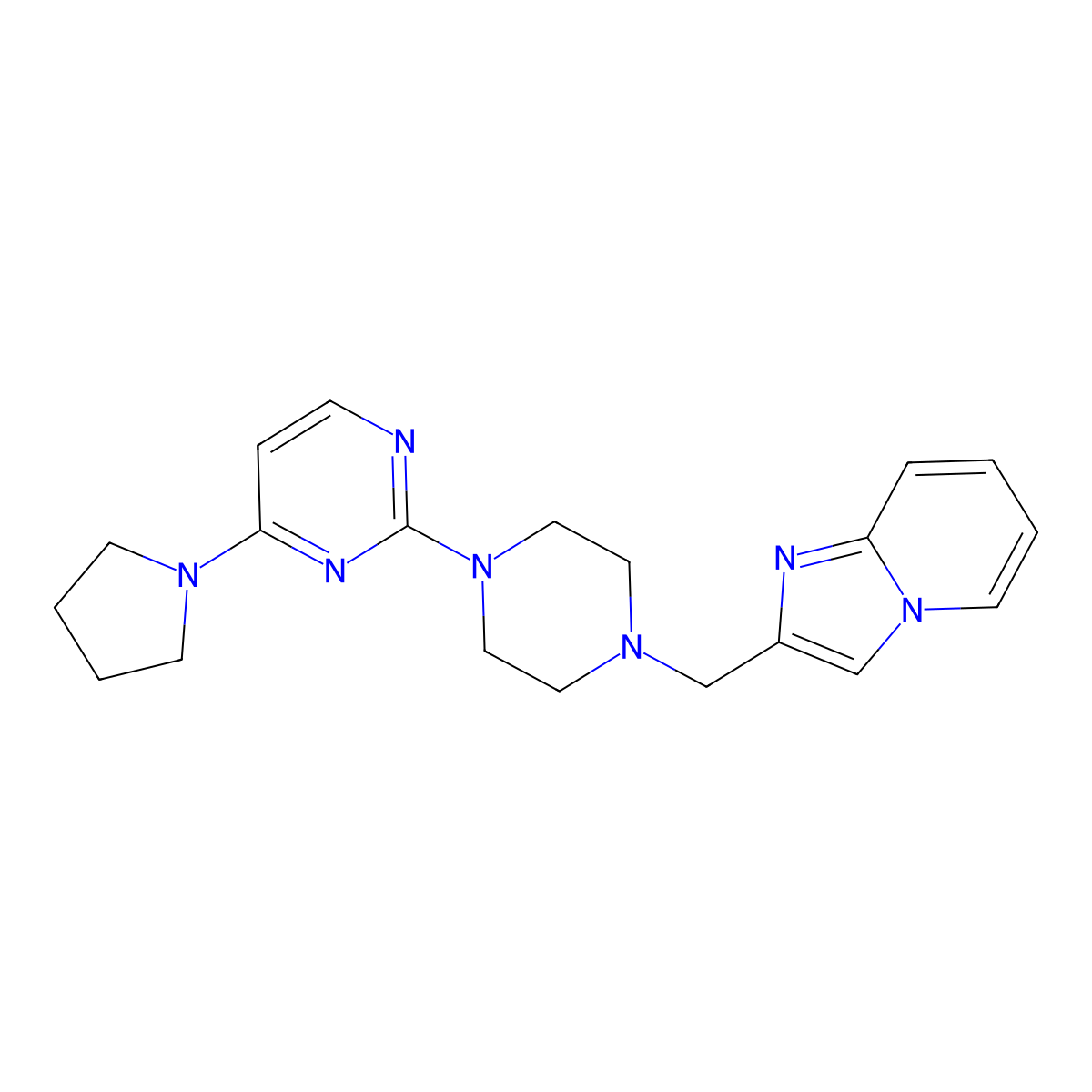 2-[4-({Imidazo[1,2-a]pyridin-2-yl}methyl)piperazin-1-yl]-4-(pyrrolidin-1-yl)pyrimidine molecular structure, CAS 2549037-89-8