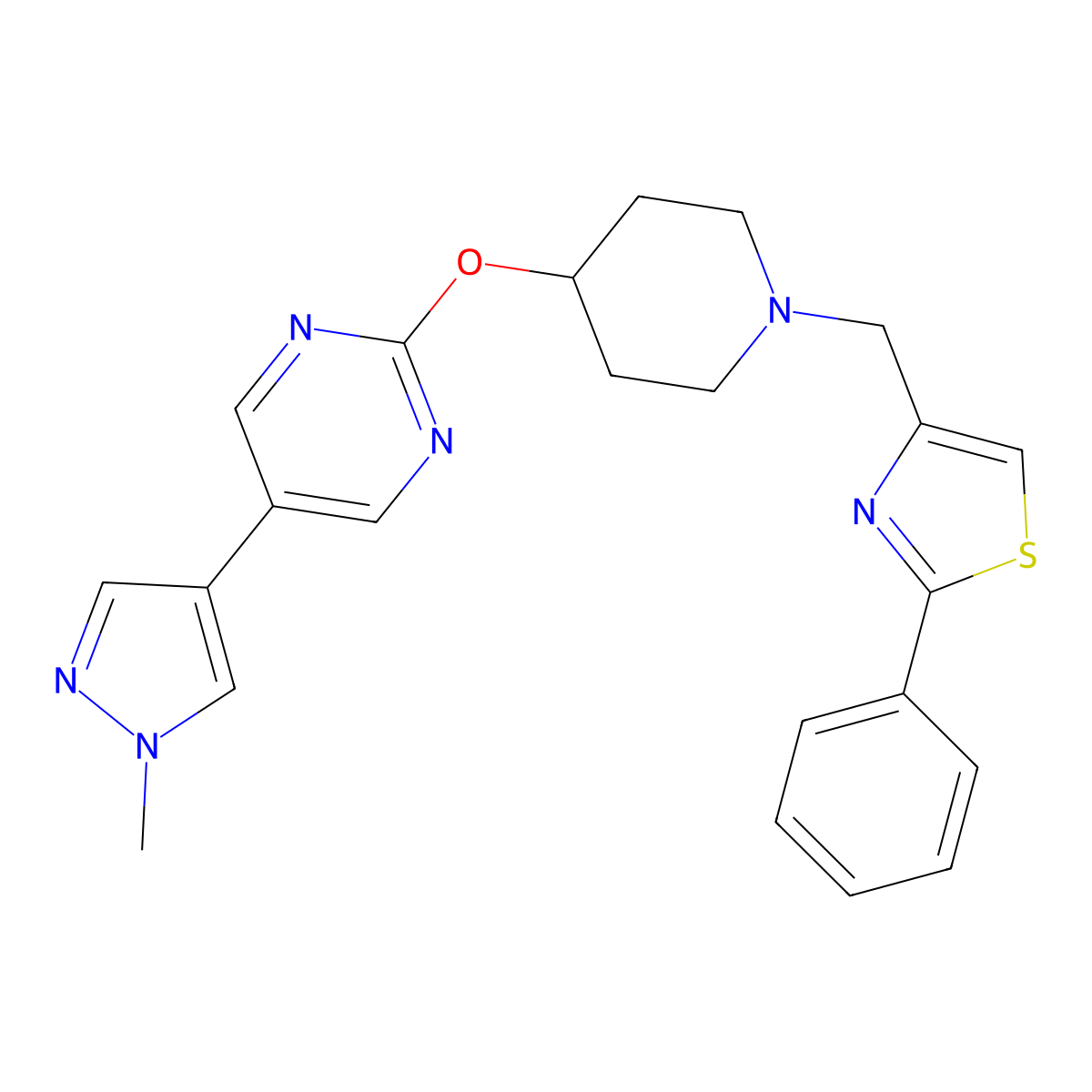 5-(1-methyl-1H-pyrazol-4-yl)-2-({1-[(2-phenyl-1,3-thiazol-4-yl)methyl]piperidin-4-yl}oxy)pyrimidine molecular structure, CAS 2549037-95-6