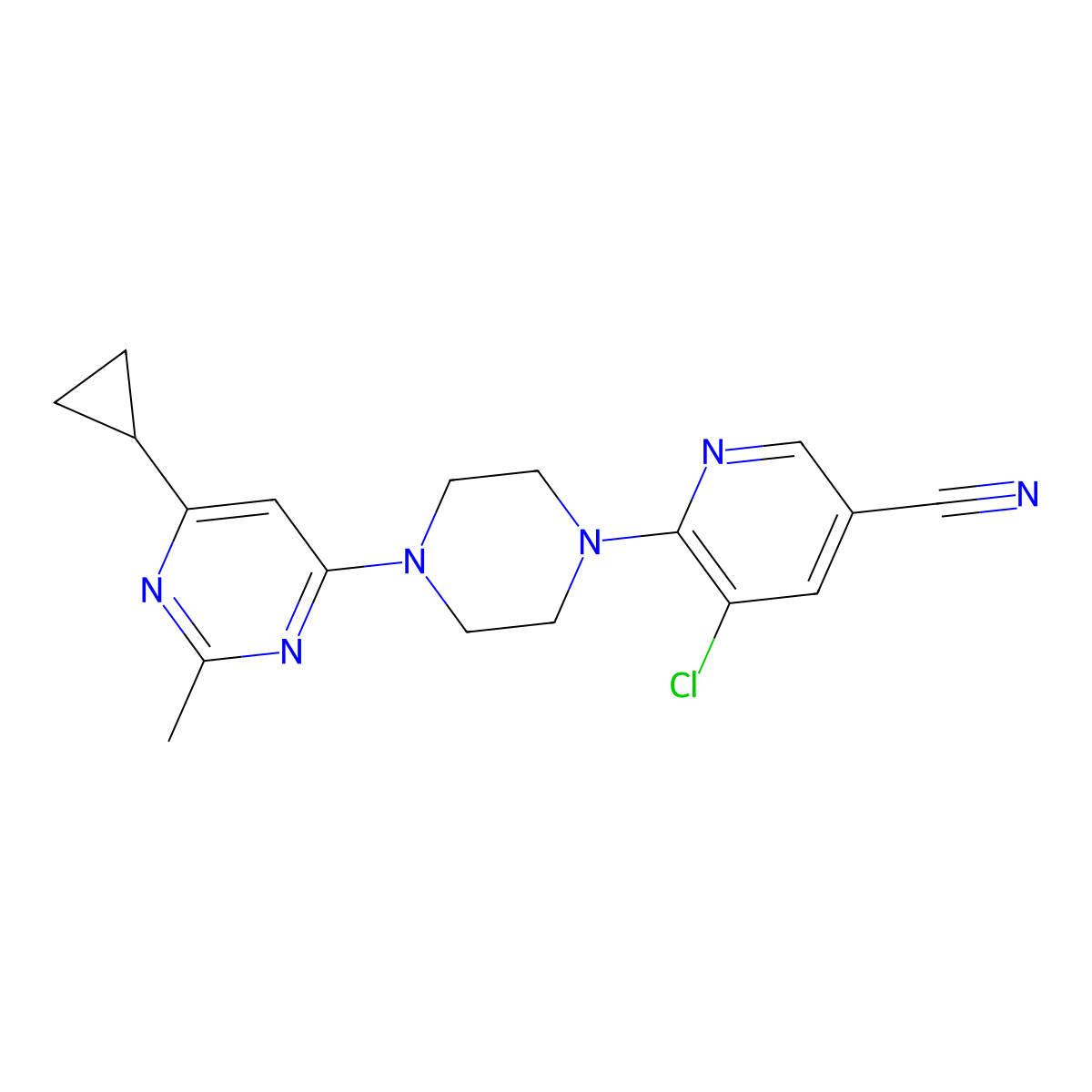 5-Chloro-6-[4-(6-cyclopropyl-2-methylpyrimidin-4-yl)piperazin-1-yl]pyridine-3-carbonitrile molecular structure, CAS 2549037-96-7