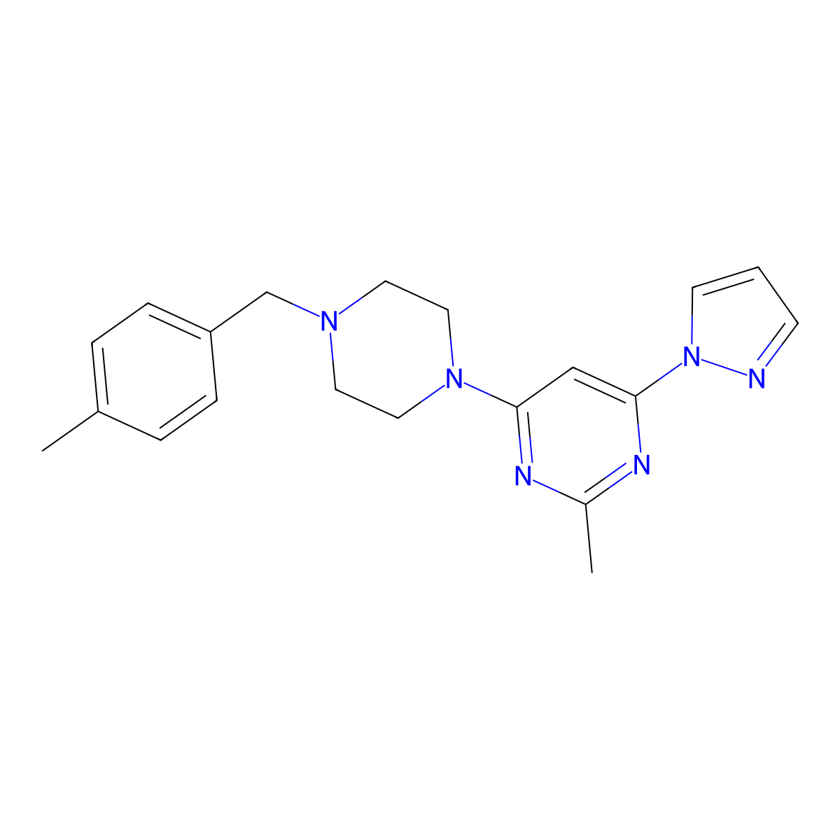 2-methyl-4-{4-[(4-methylphenyl)methyl]piperazin-1-yl}-6-(1H-pyrazol-1-yl)pyrimidine molecular structure, CAS 2549037-99-0