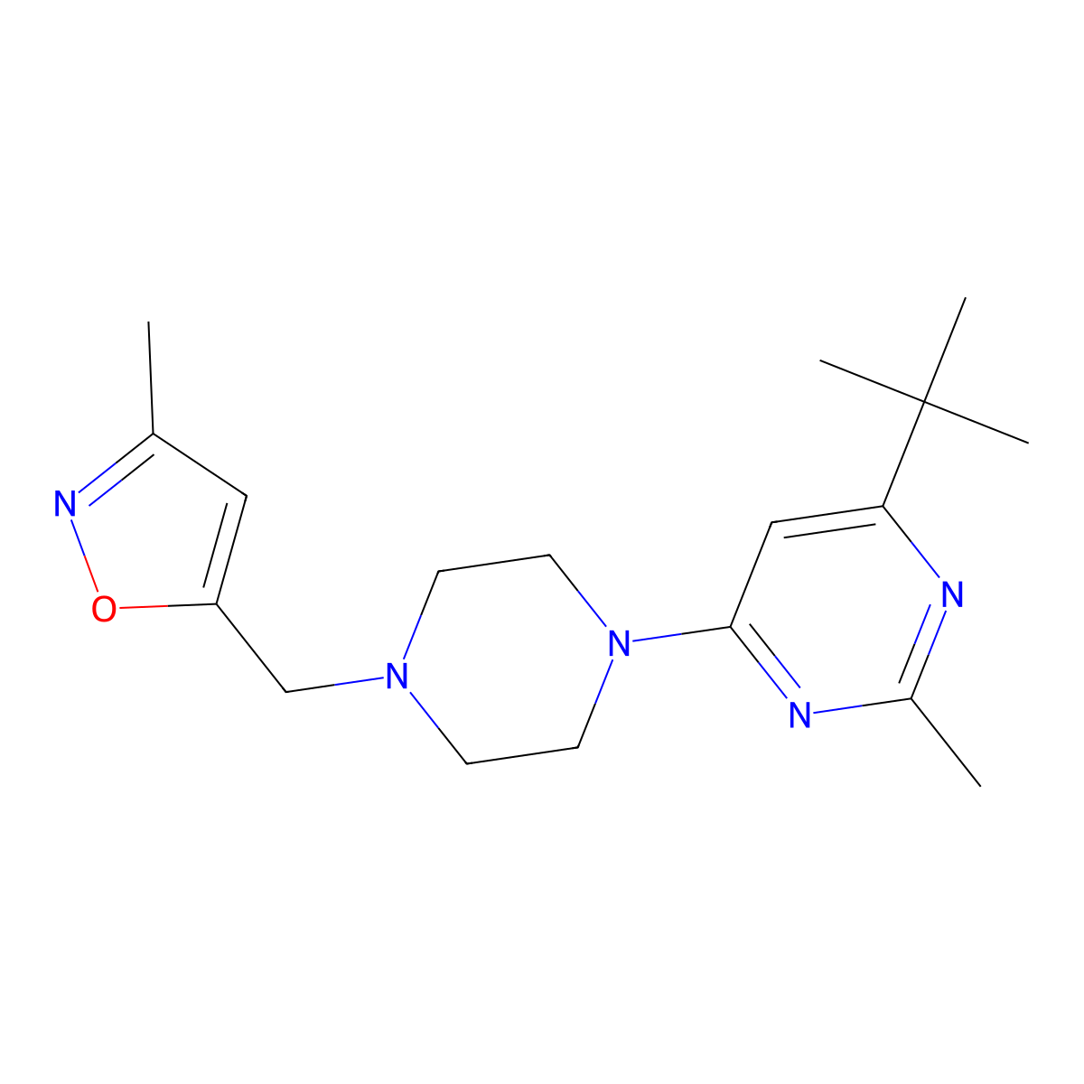 4-Tert-butyl-2-methyl-6-{4-[(3-methyl-1,2-oxazol-5-yl)methyl]piperazin-1-yl}pyrimidine molecular structure, CAS 2549038-00-6