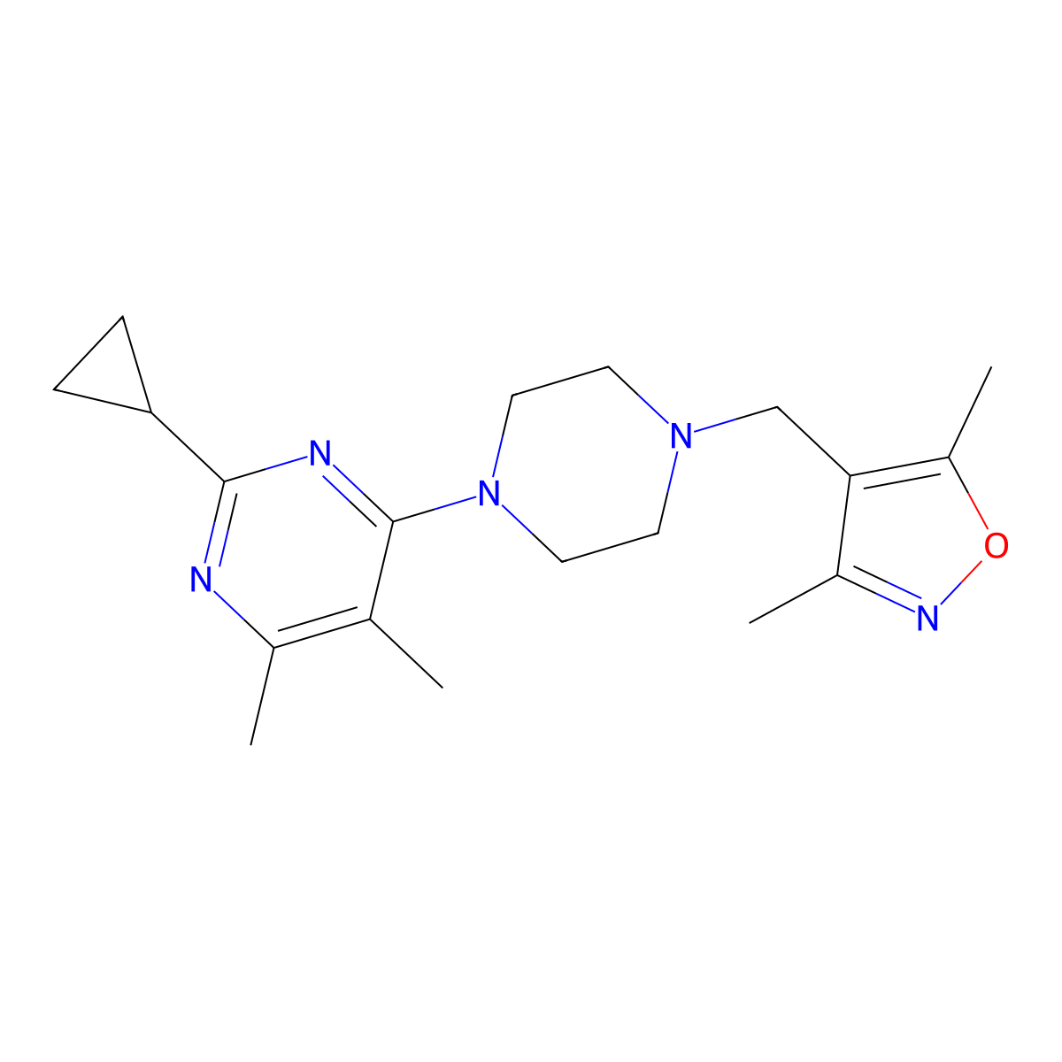 2-Cyclopropyl-4-{4-[(3,5-dimethyl-1,2-oxazol-4-yl)methyl]piperazin-1-yl}-5,6-dimethylpyrimidine molecular structure, CAS 2549038-12-0