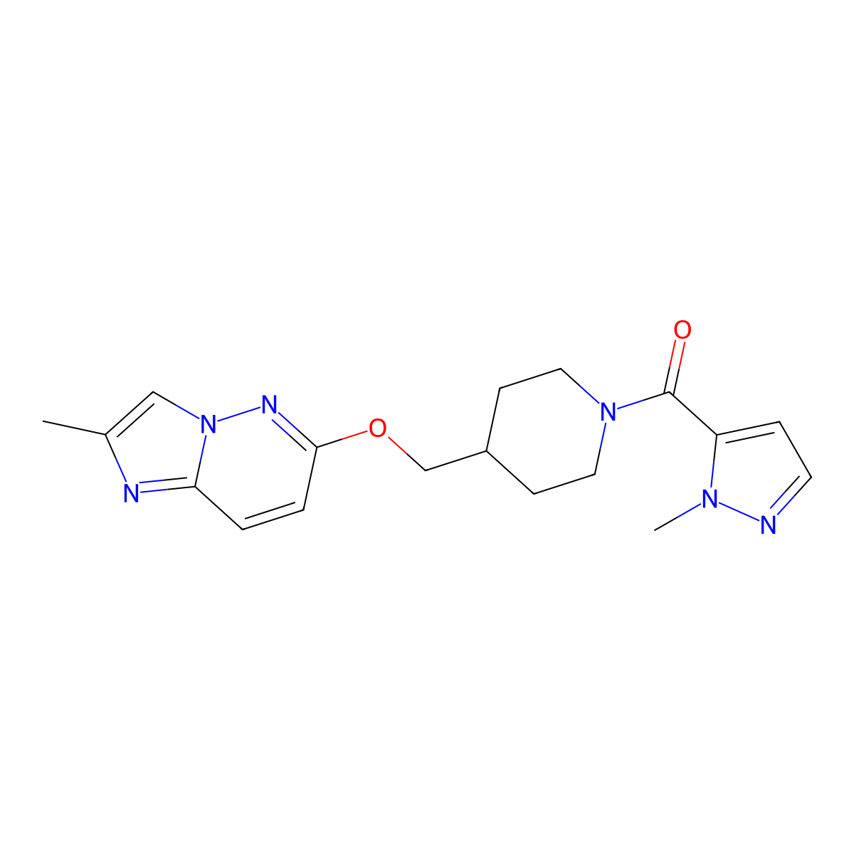 1-(1-methyl-1H-pyrazole-5-carbonyl)-4-[({2-methylimidazo[1,2-b]pyridazin-6-yl}oxy)methyl]piperidine molecular structure, CAS 2549038-15-3