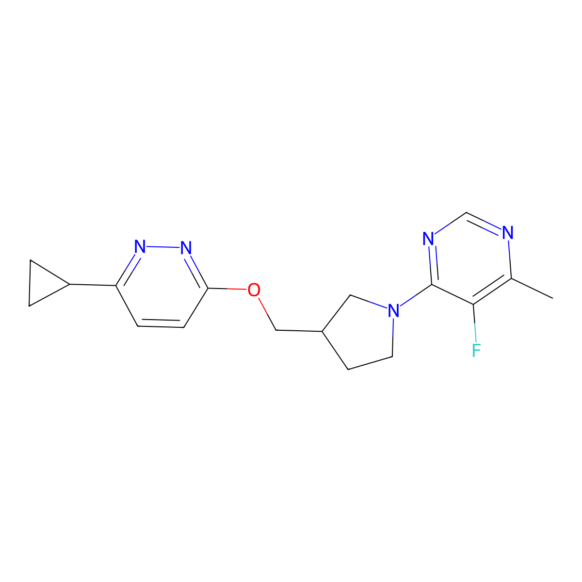 4-(3-{[(6-Cyclopropylpyridazin-3-yl)oxy]methyl}pyrrolidin-1-yl)-5-fluoro-6-methylpyrimidine molecular structure, CAS 2549038-29-9
