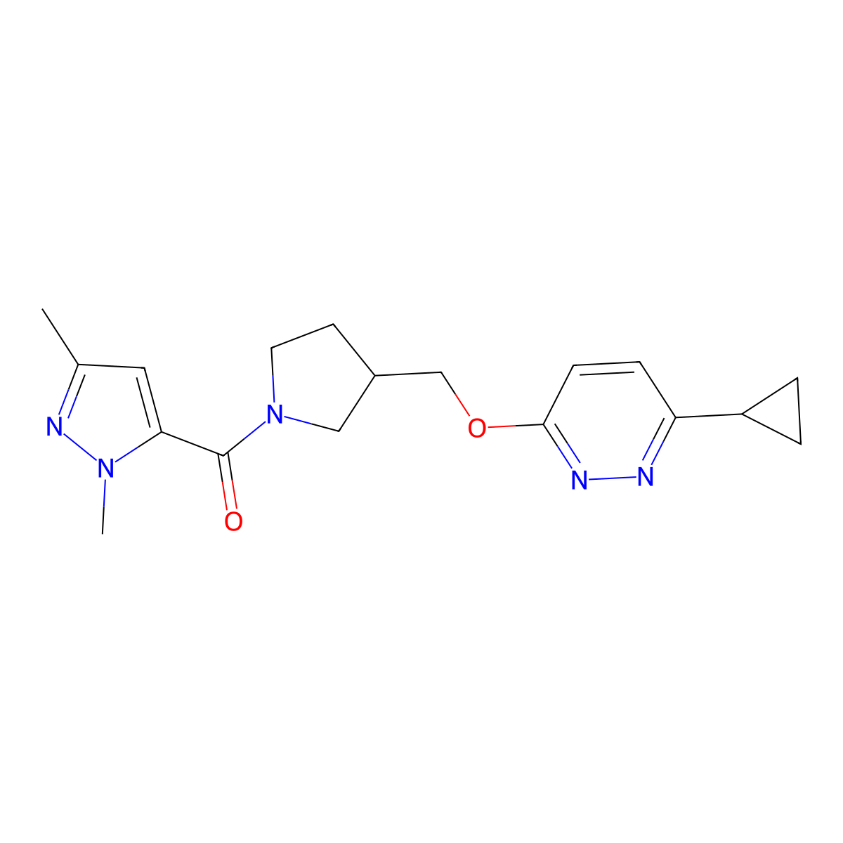 3-cyclopropyl-6-{[1-(1,3-dimethyl-1H-pyrazole-5-carbonyl)pyrrolidin-3-yl]methoxy}pyridazine molecular structure, CAS 2549038-37-9