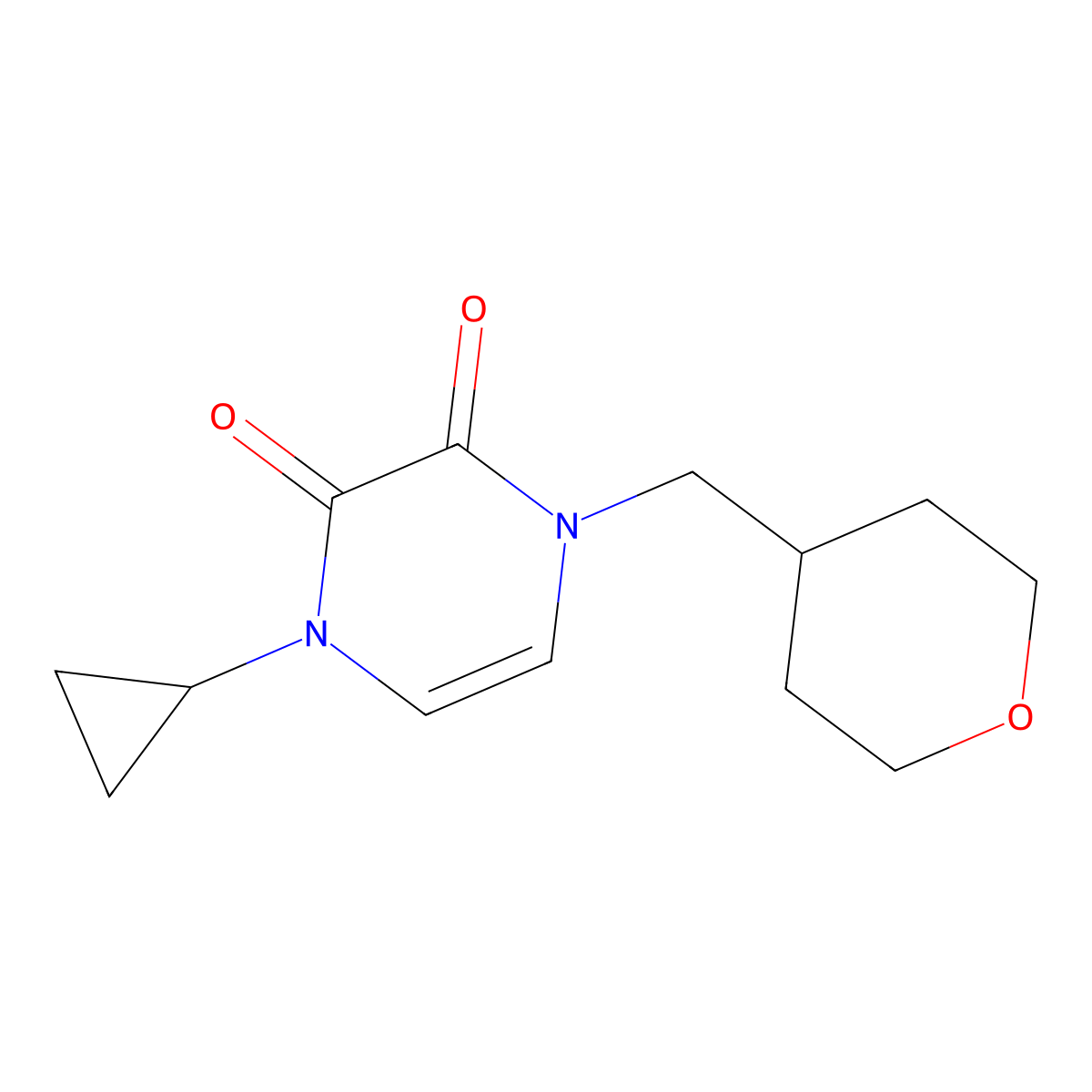 1-Cyclopropyl-4-[(oxan-4-yl)methyl]-1,2,3,4-tetrahydropyrazine-2,3-dione molecular structure, CAS 2549038-51-7