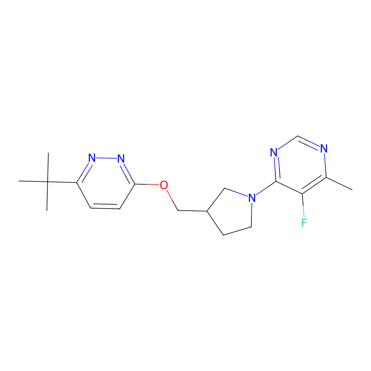 4-(3-{[(6-Tert-butylpyridazin-3-yl)oxy]methyl}pyrrolidin-1-yl)-5-fluoro-6-methylpyrimidine molecular structure, CAS 2549038-53-9