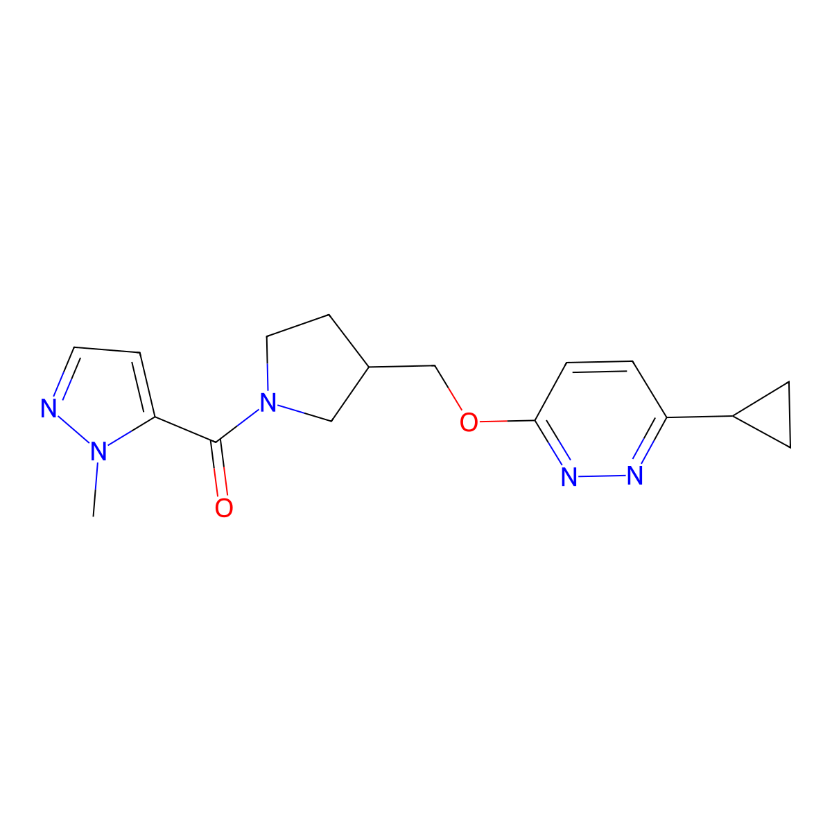 3-cyclopropyl-6-{[1-(1-methyl-1H-pyrazole-5-carbonyl)pyrrolidin-3-yl]methoxy}pyridazine molecular structure, CAS 2549038-59-5