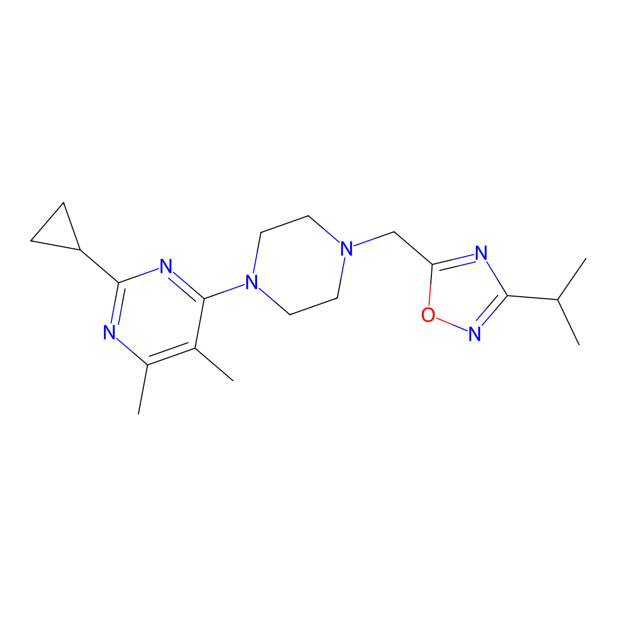 2-Cyclopropyl-4,5-dimethyl-6-(4-{[3-(propan-2-yl)-1,2,4-oxadiazol-5-yl]methyl}piperazin-1-yl)pyrimidine molecular structure, CAS 2549038-61-9