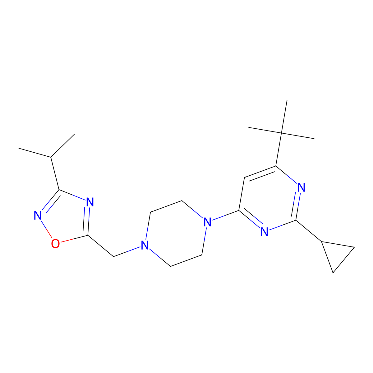 4-Tert-butyl-2-cyclopropyl-6-(4-{[3-(propan-2-yl)-1,2,4-oxadiazol-5-yl]methyl}piperazin-1-yl)pyrimidine molecular structure, CAS 2549038-62-0