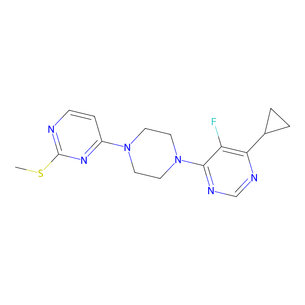 4-Cyclopropyl-5-fluoro-6-{4-[2-(methylsulfanyl)pyrimidin-4-yl]piperazin-1-yl}pyrimidine molecular structure, CAS 2549038-68-6
