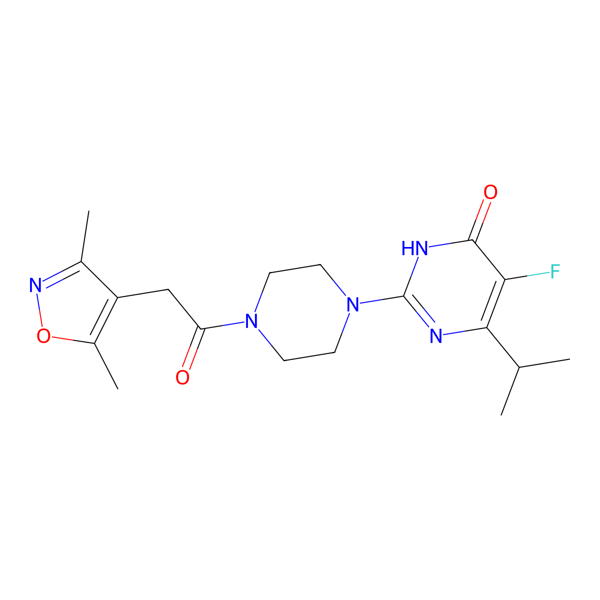 2-{4-[2-(3,5-Dimethyl-1,2-oxazol-4-yl)acetyl]piperazin-1-yl}-5-fluoro-6-(propan-2-yl)-3,4-dihydropyrimidin-4-one molecular structure, CAS 2549038-69-7