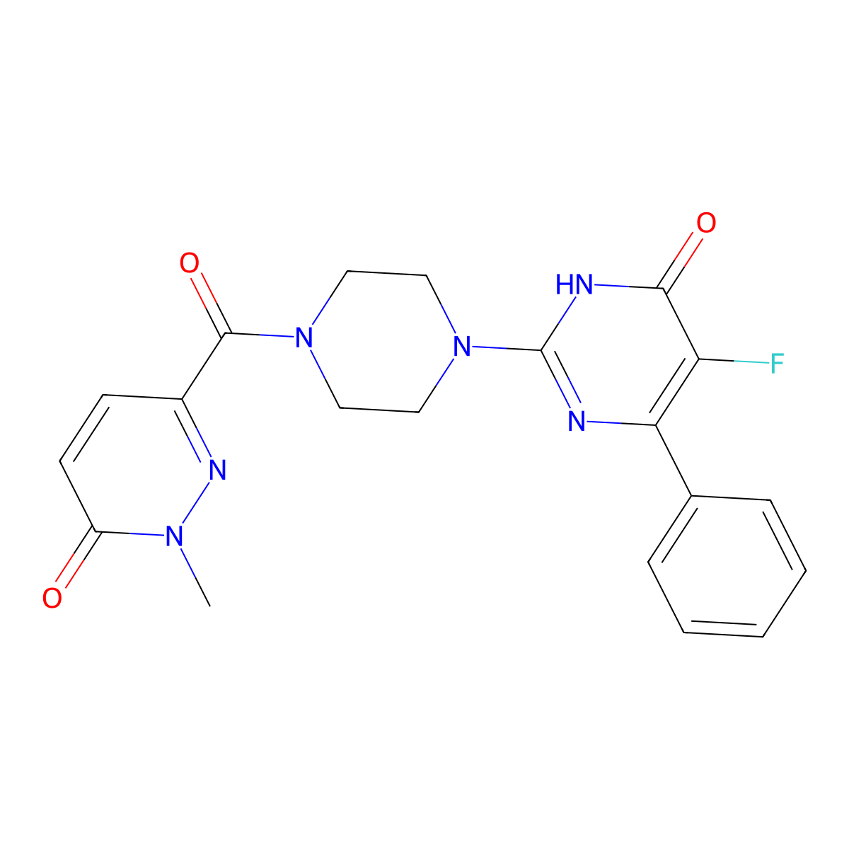 5-Fluoro-2-[4-(1-methyl-6-oxo-1,6-dihydropyridazine-3-carbonyl)piperazin-1-yl]-6-phenyl-3,4-dihydropyrimidin-4-one molecular structure, CAS 2549038-85-7