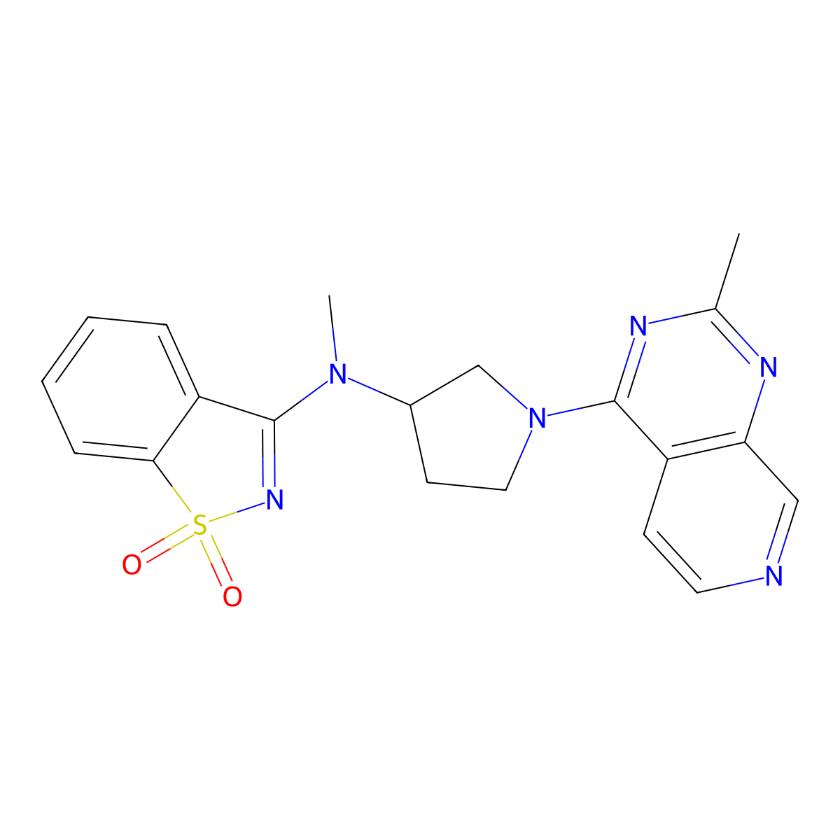 3-[Methyl(1-{2-methylpyrido[3,4-d]pyrimidin-4-yl}pyrrolidin-3-yl)amino]-1,2-benzothiazole-1,1-dione molecular structure, CAS 2549038-91-5