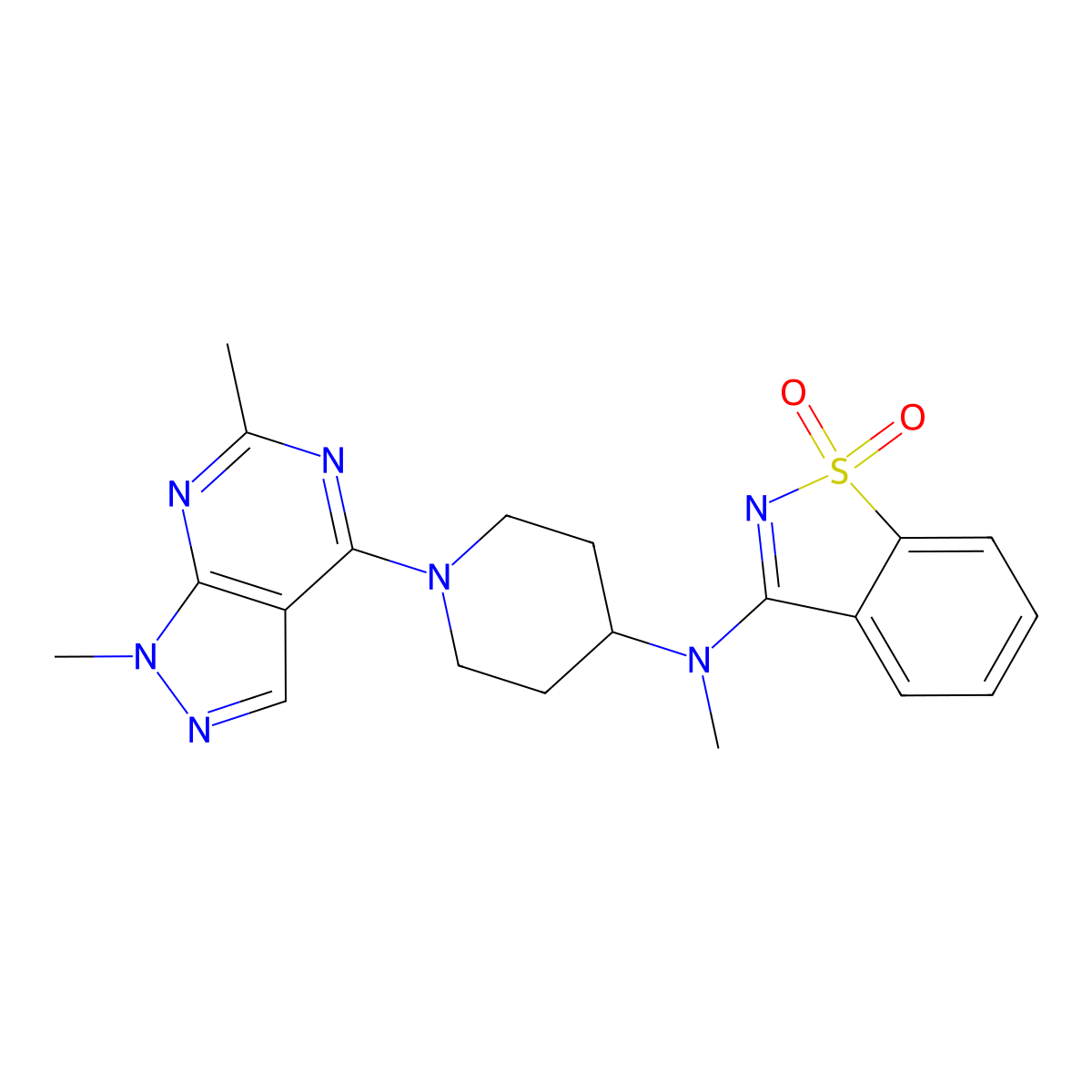 N-[1-(1,6-dimethylpyrazolo[5,4-d]pyrimidin-4-yl)piperidin-4-yl]-N-methyl-1,1-dioxo-1,2-benzothiazol-3-amine molecular structure, CAS 2549038-98-2