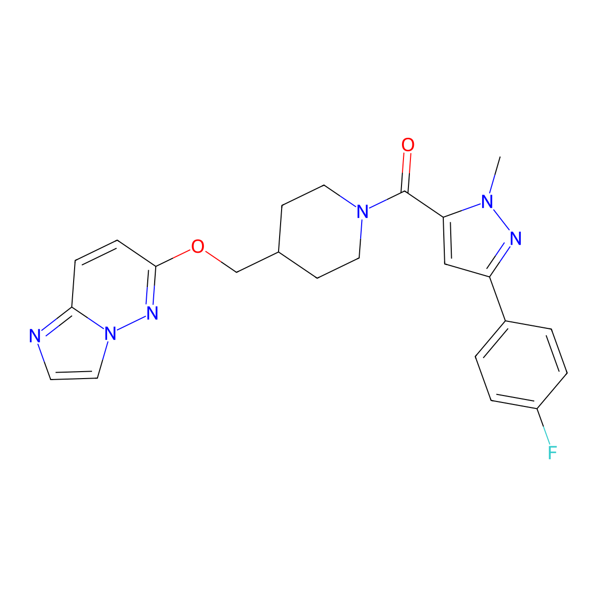 1-[3-(4-fluorophenyl)-1-methyl-1H-pyrazole-5-carbonyl]-4-({imidazo[1,2-b]pyridazin-6-yloxy}methyl)piperidine molecular structure, CAS 2549038-99-3