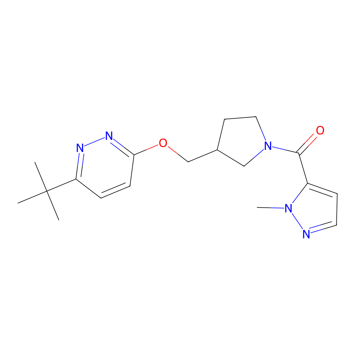 3-tert-butyl-6-{[1-(1-methyl-1H-pyrazole-5-carbonyl)pyrrolidin-3-yl]methoxy}pyridazine molecular structure, CAS 2549039-12-3