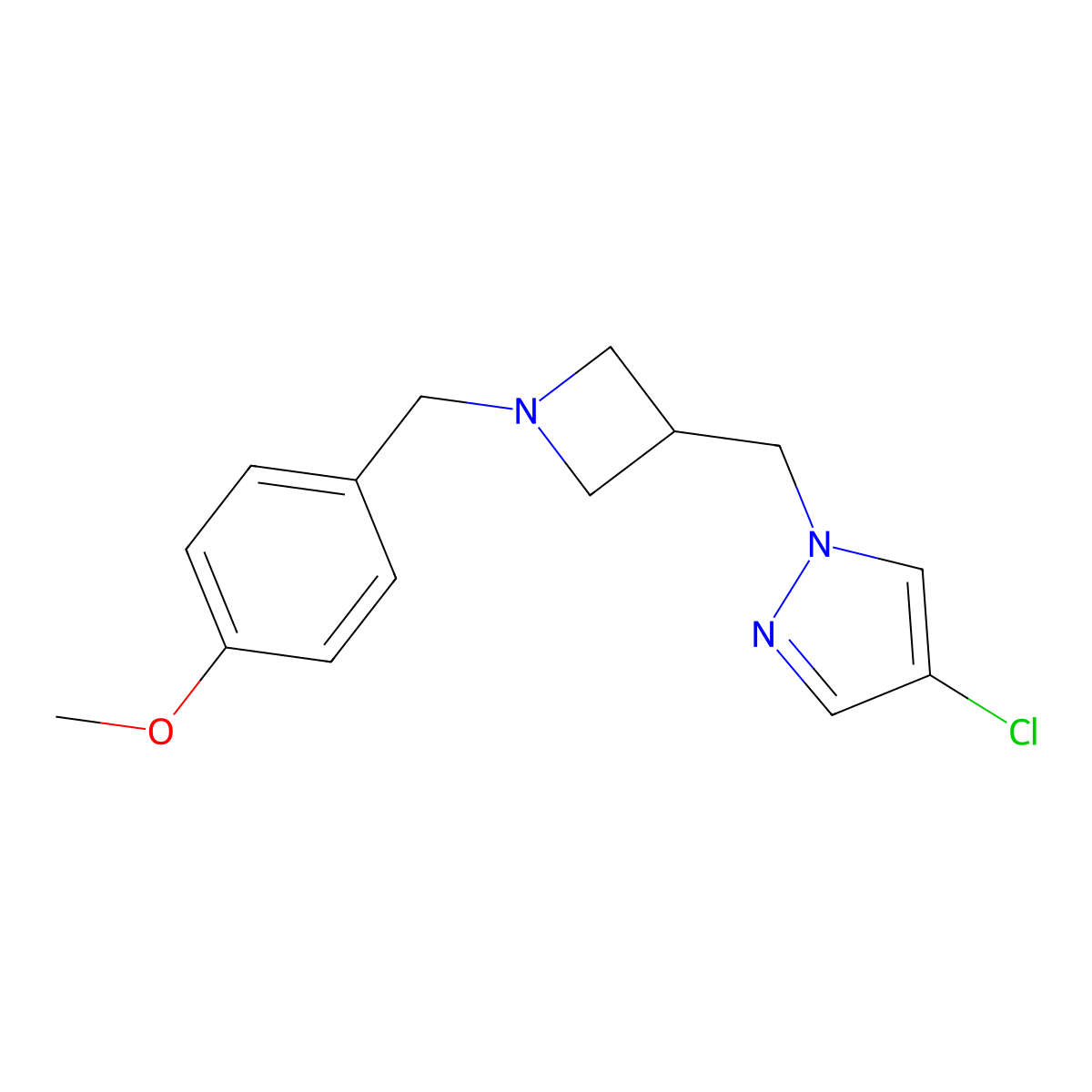 4-chloro-1-({1-[(4-methoxyphenyl)methyl]azetidin-3-yl}methyl)-1H-pyrazole molecular structure, CAS 2549039-14-5