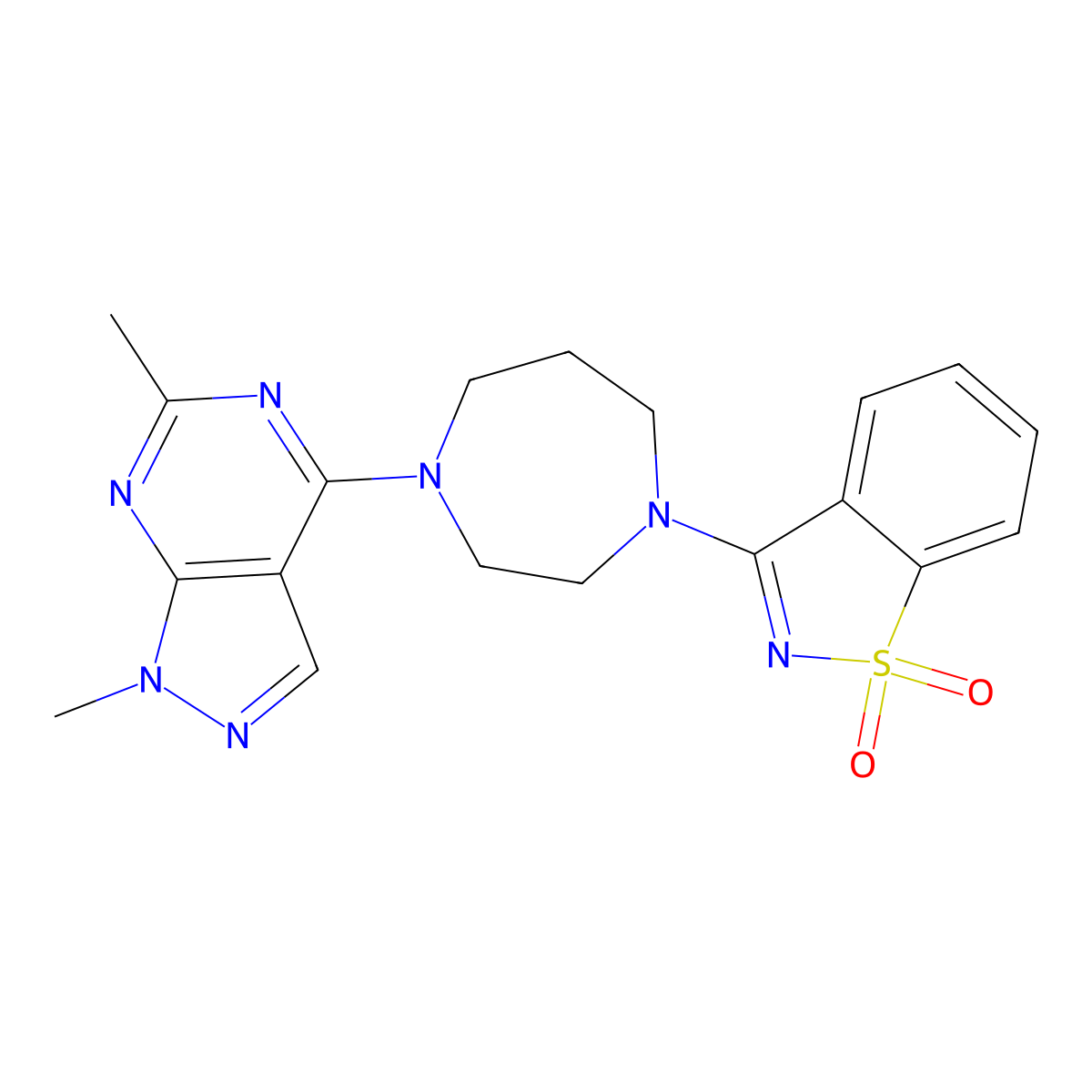3-[4-(1,6-Dimethylpyrazolo[5,4-d]pyrimidin-4-yl)-1,4-diazepan-1-yl]-1,2-benzothiazole 1,1-dioxide molecular structure, CAS 2549039-15-6