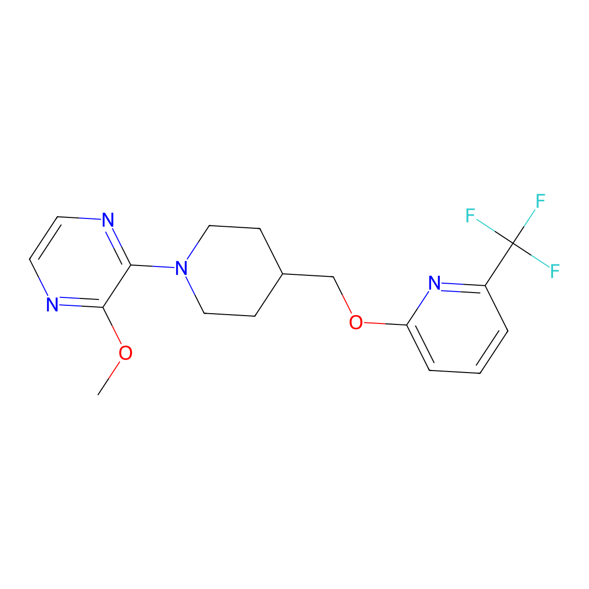 2-Methoxy-3-[4-({[6-(trifluoromethyl)pyridin-2-yl]oxy}methyl)piperidin-1-yl]pyrazine molecular structure, CAS 2549039-24-7