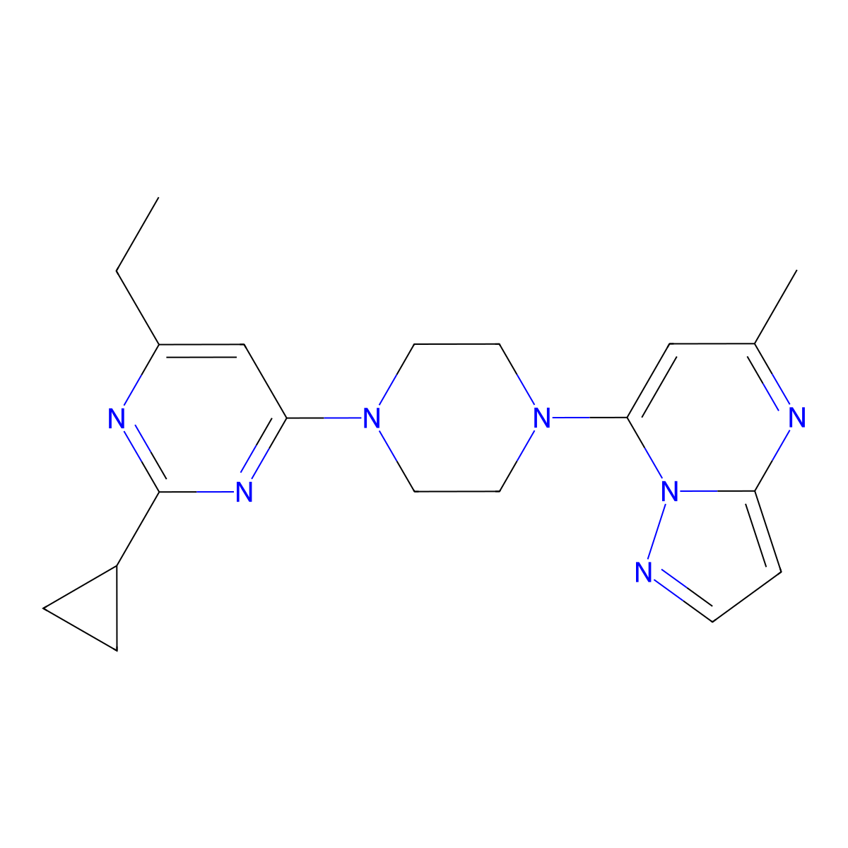 2-Cyclopropyl-4-ethyl-6-(4-{5-methylpyrazolo[1,5-a]pyrimidin-7-yl}piperazin-1-yl)pyrimidine molecular structure, CAS 2549039-28-1