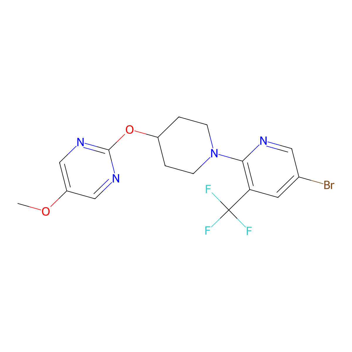 2-({1-[5-Bromo-3-(trifluoromethyl)pyridin-2-yl]piperidin-4-yl}oxy)-5-methoxypyrimidine molecular structure, CAS 2549039-30-5