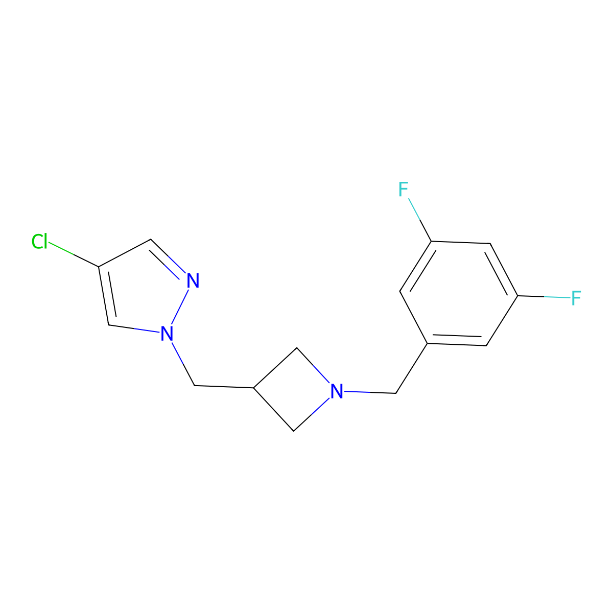 4-chloro-1-({1-[(3,5-difluorophenyl)methyl]azetidin-3-yl}methyl)-1H-pyrazole molecular structure, CAS 2549039-34-9