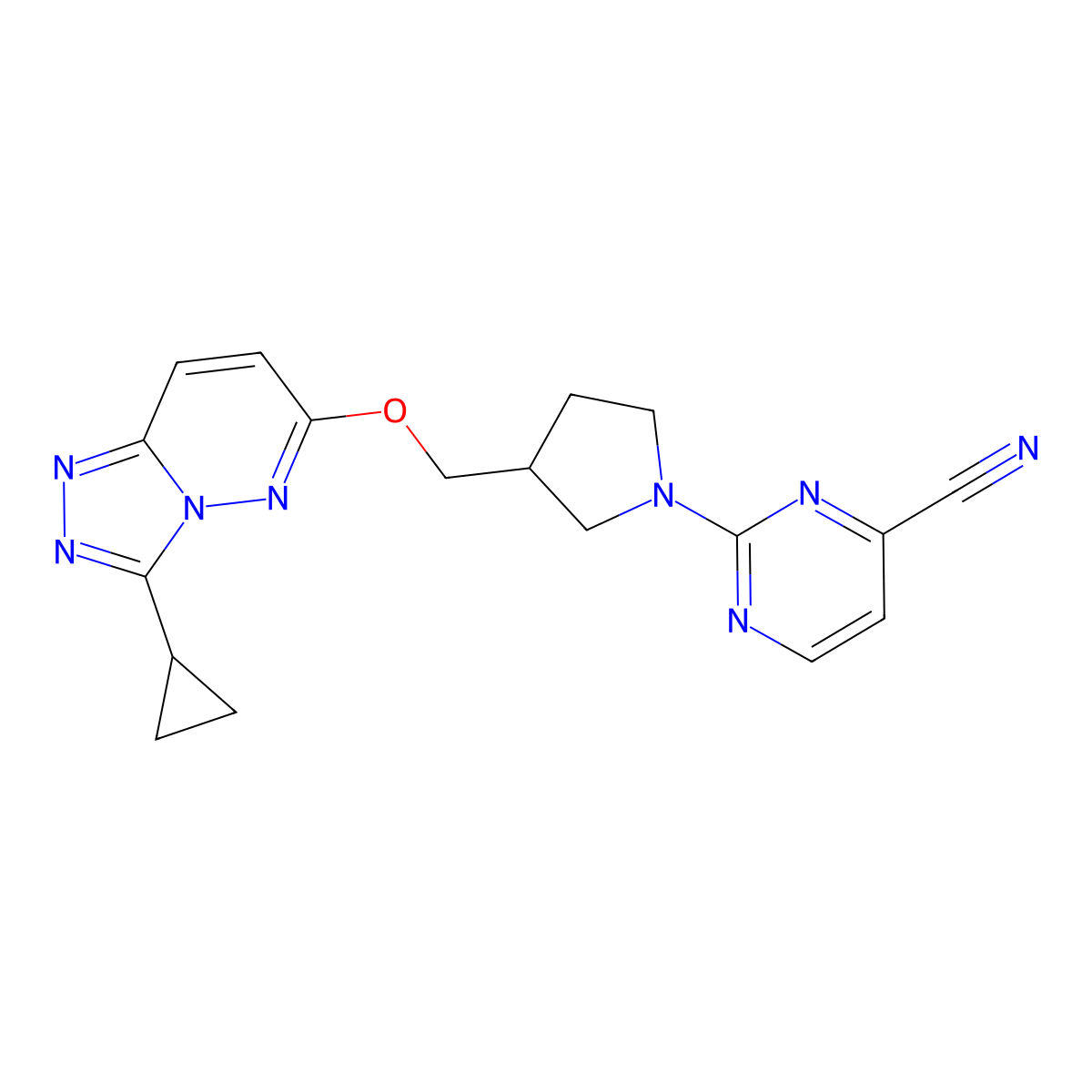 2-{3-[({3-Cyclopropyl-[1,2,4]triazolo[4,3-b]pyridazin-6-yl}oxy)methyl]pyrrolidin-1-yl}pyrimidine-4-carbonitrile molecular structure, CAS 2549039-38-3