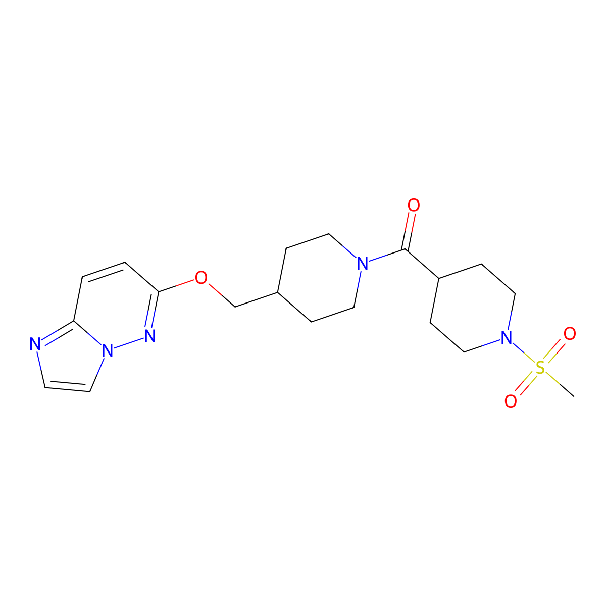 4-[4-({Imidazo[1,2-b]pyridazin-6-yloxy}methyl)piperidine-1-carbonyl]-1-methanesulfonylpiperidine molecular structure, CAS 2549039-46-3