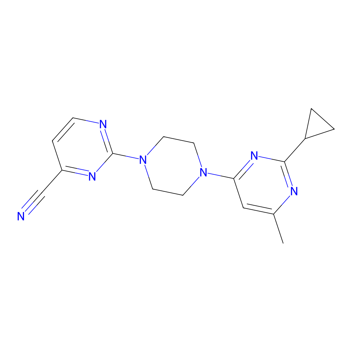 2-[4-(2-Cyclopropyl-6-methylpyrimidin-4-yl)piperazin-1-yl]pyrimidine-4-carbonitrile molecular structure, CAS 2549039-50-9