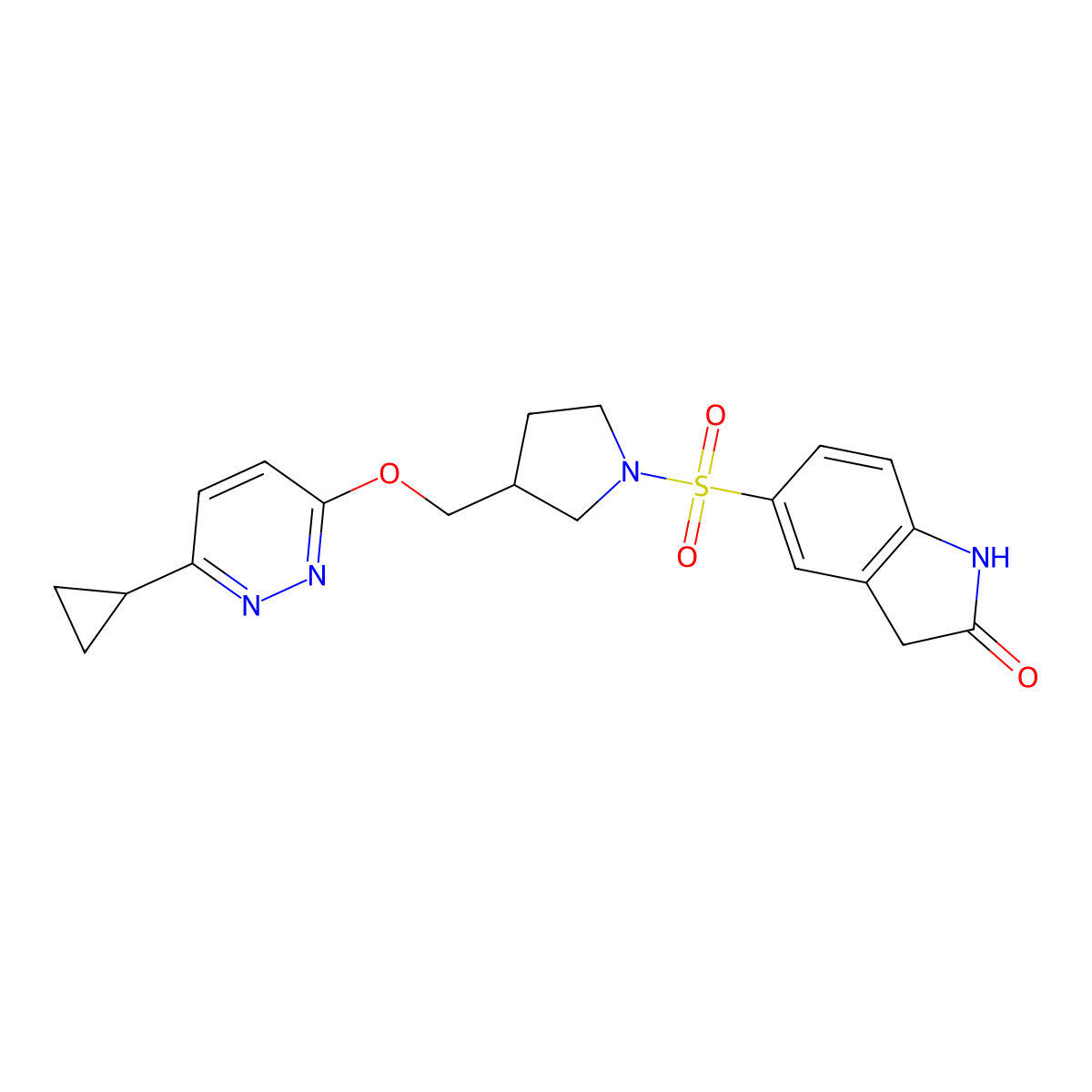 5-[(3-{[(6-cyclopropylpyridazin-3-yl)oxy]methyl}pyrrolidin-1-yl)sulfonyl]-2,3-dihydro-1H-indol-2-one molecular structure, CAS 2549039-57-6