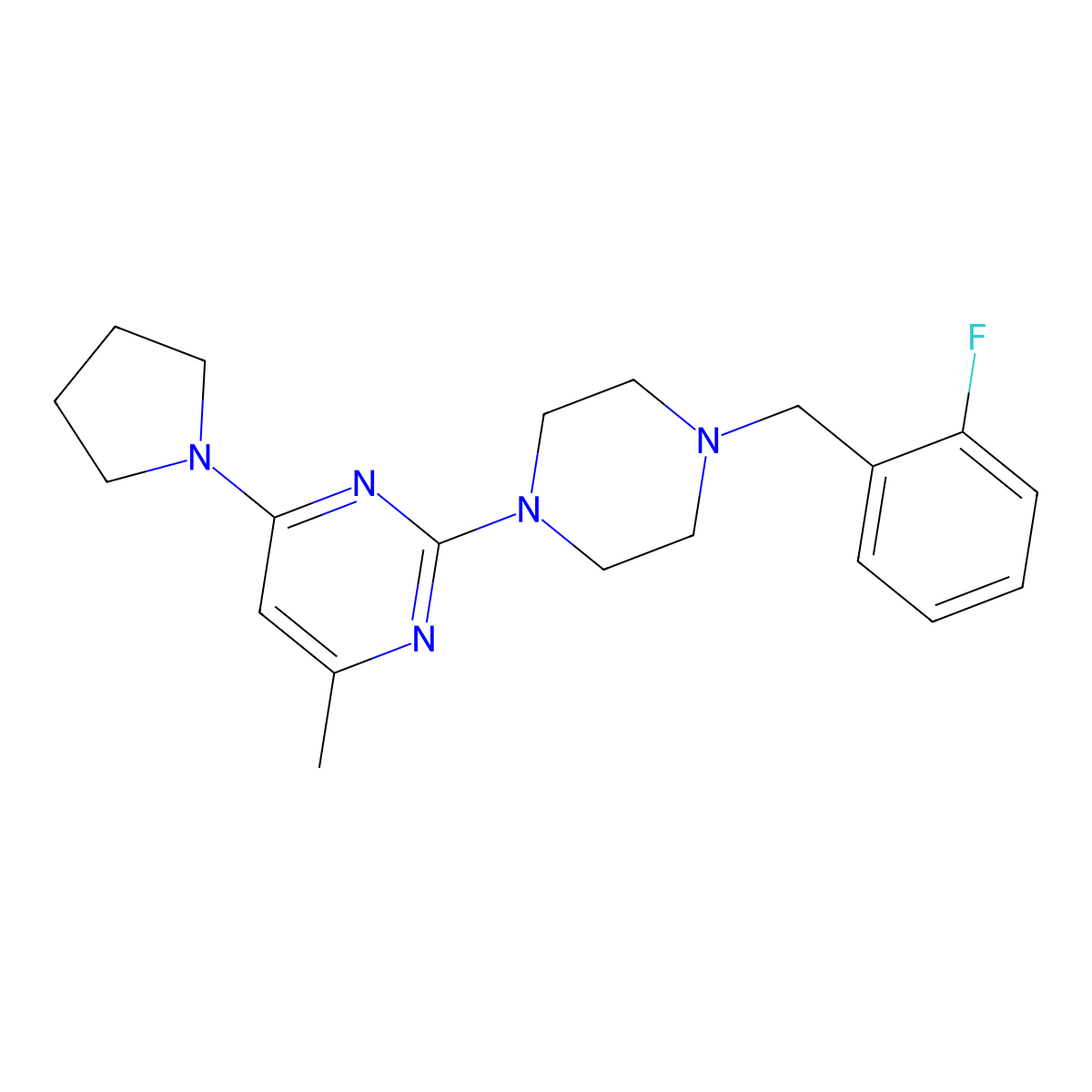 2-{4-[(2-Fluorophenyl)methyl]piperazin-1-yl}-4-methyl-6-(pyrrolidin-1-yl)pyrimidine molecular structure, CAS 2549039-61-2
