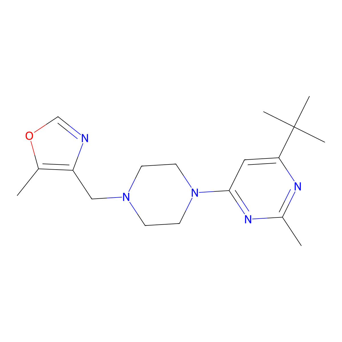 4-Tert-butyl-2-methyl-6-{4-[(5-methyl-1,3-oxazol-4-yl)methyl]piperazin-1-yl}pyrimidine molecular structure, CAS 2549039-72-5