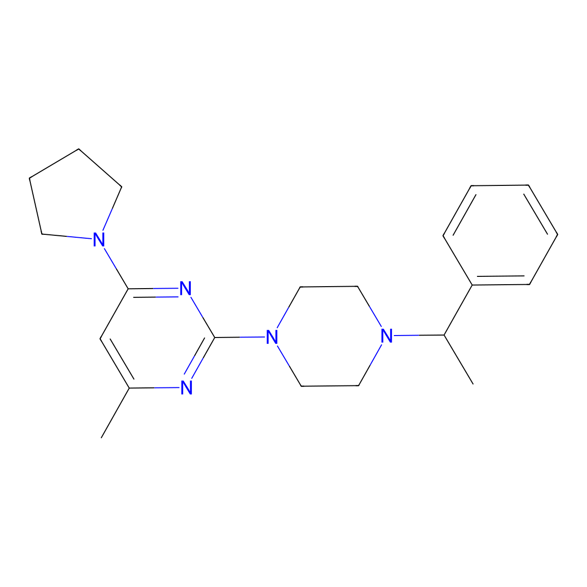 4-Methyl-2-[4-(1-phenylethyl)piperazin-1-yl]-6-(pyrrolidin-1-yl)pyrimidine molecular structure, CAS 2549039-75-8