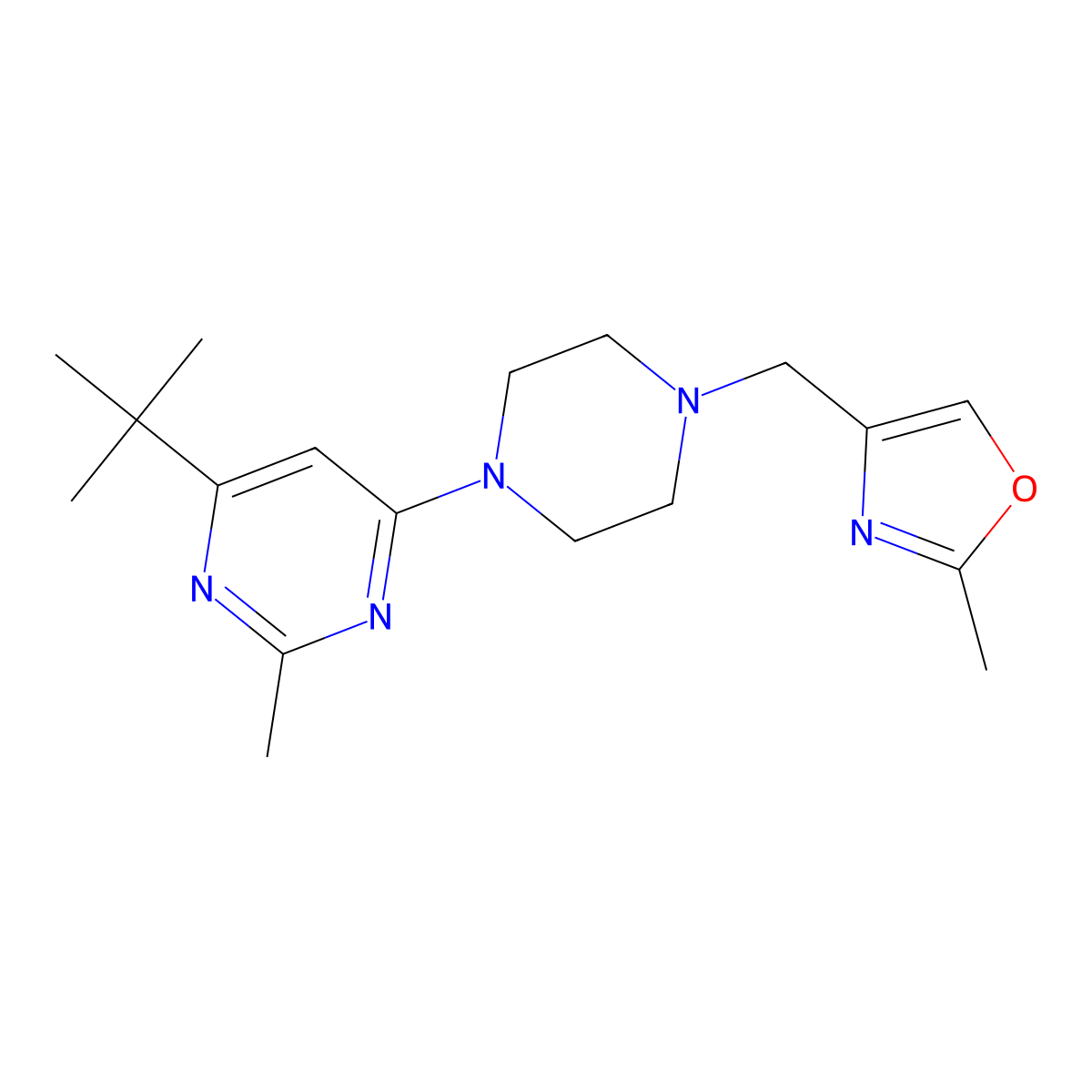 4-Tert-butyl-2-methyl-6-{4-[(2-methyl-1,3-oxazol-4-yl)methyl]piperazin-1-yl}pyrimidine molecular structure, CAS 2549039-77-0