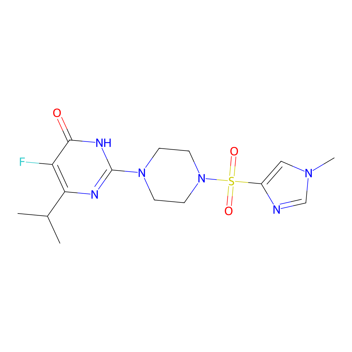 5-fluoro-2-{4-[(1-methyl-1H-imidazol-4-yl)sulfonyl]piperazin-1-yl}-6-(propan-2-yl)-3,4-dihydropyrimidin-4-one molecular structure, CAS 2549040-01-7