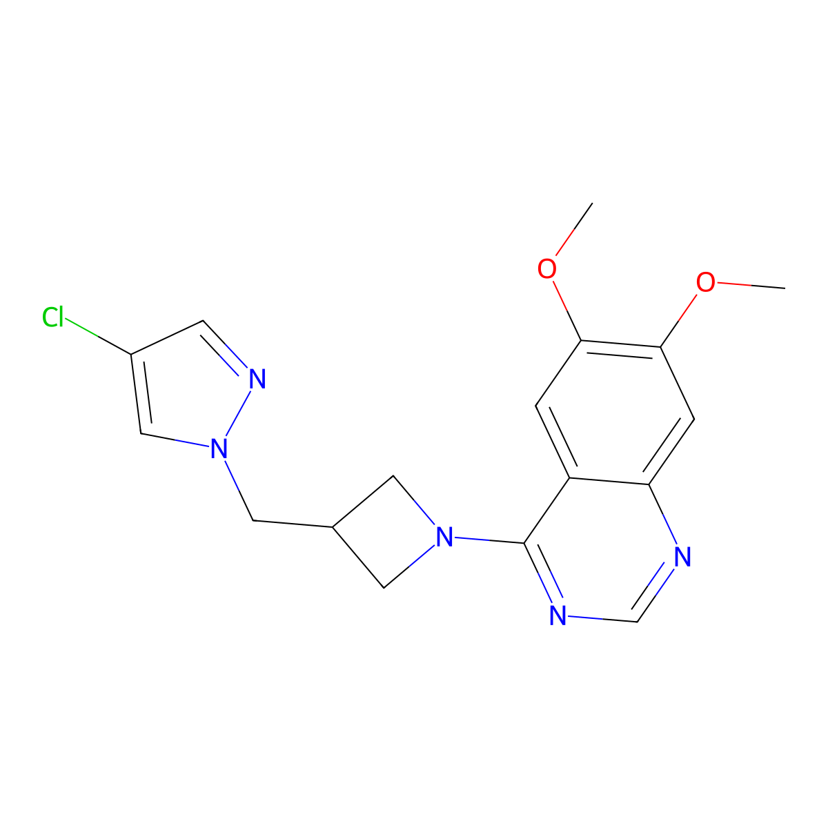 4-{3-[(4-chloro-1H-pyrazol-1-yl)methyl]azetidin-1-yl}-6,7-dimethoxyquinazoline molecular structure, CAS 2549040-02-8